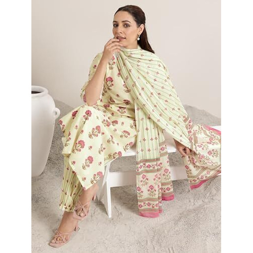 Libas Womens Printed Cotton Straight Kurta With Salwar And Dupatta