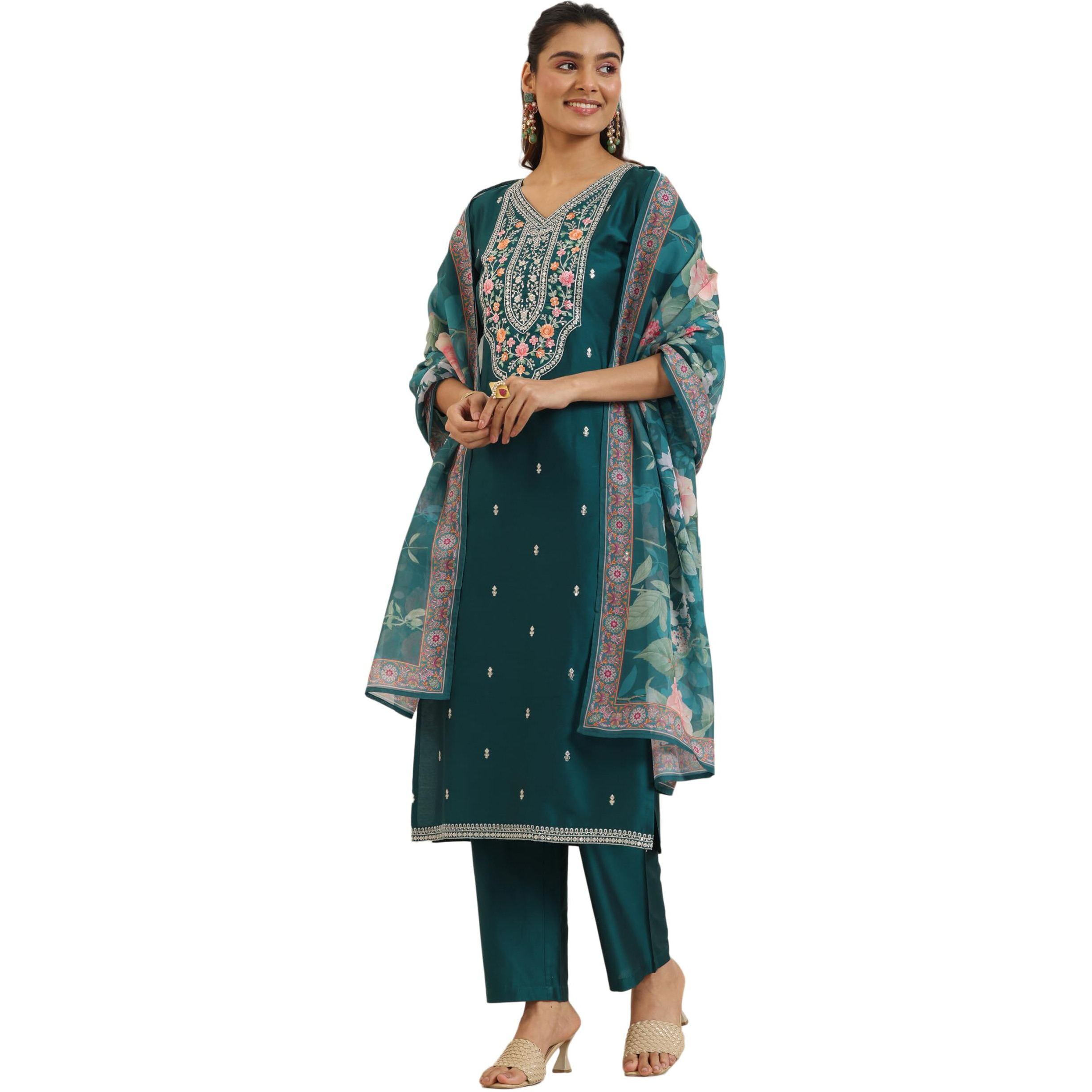Libas Women's Silk Blend Kurta Sets (99188_Teal_L)