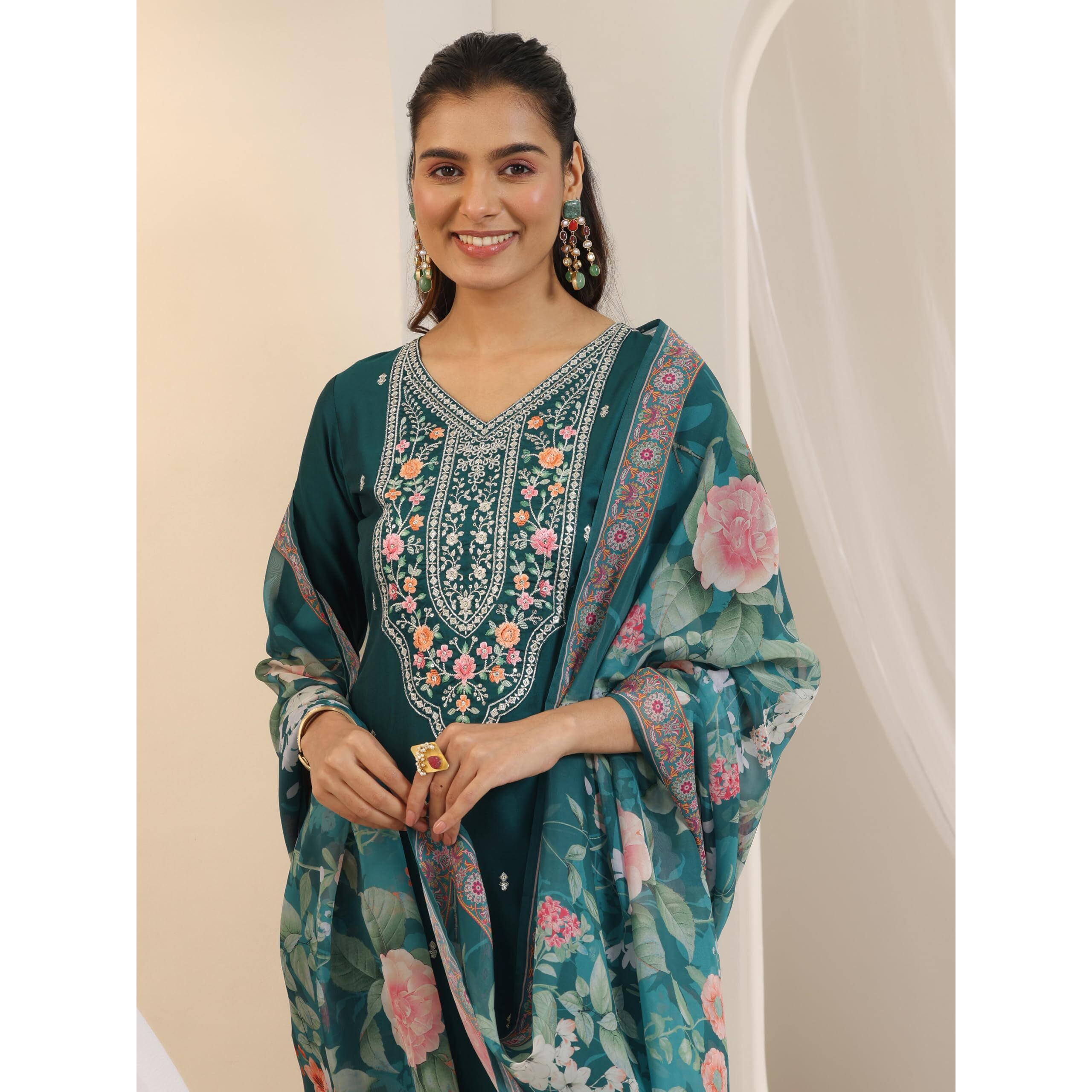 Libas Women's Silk Blend Kurta Sets (99188_Teal_L)