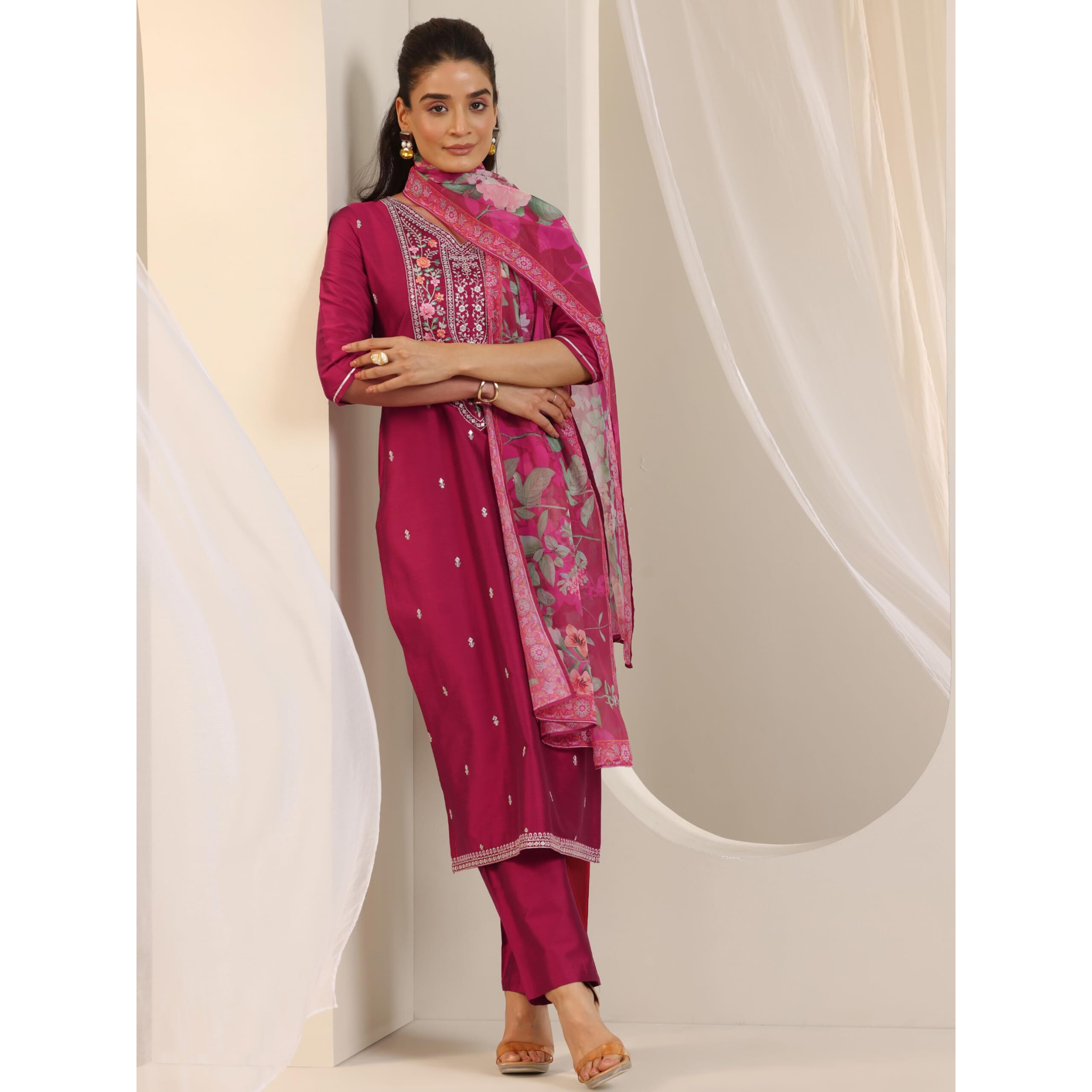 Libas Women's Silk Blend Kurta Sets (99189_Pink_L)