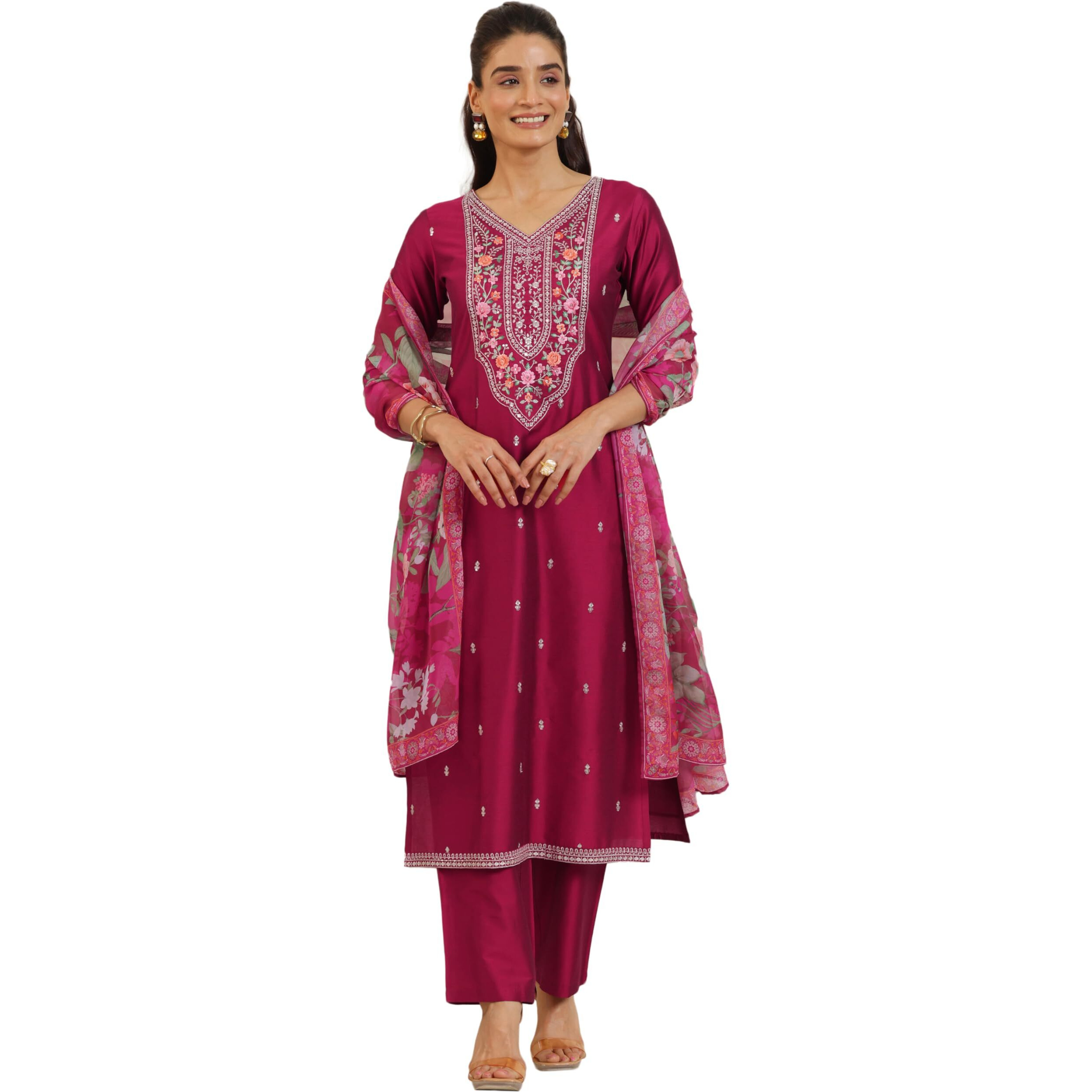 Libas Women's Silk Blend Kurta Sets (99189_Pink_Xxl)