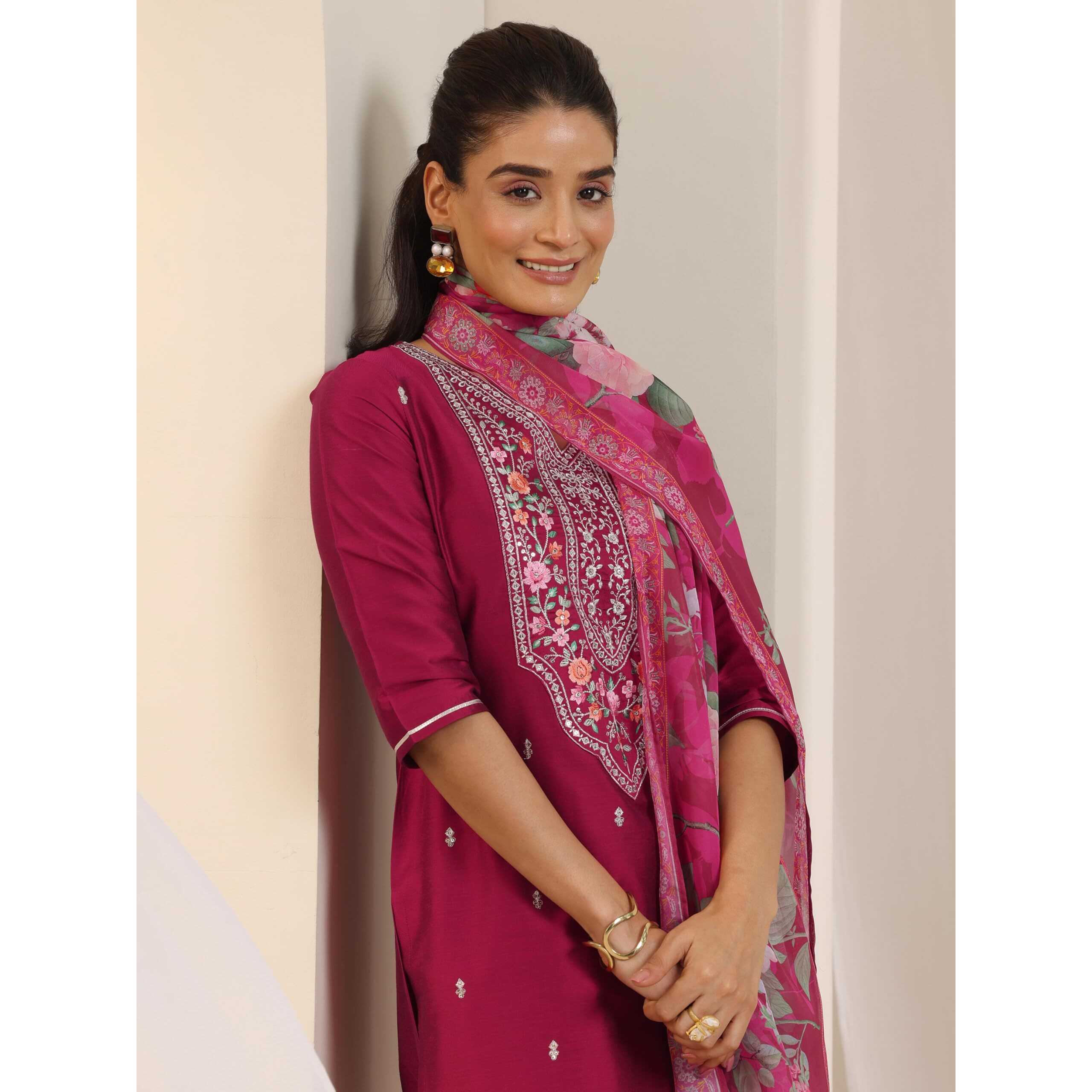 Libas Women's Silk Blend Kurta Sets (99189_Pink_Xxl)