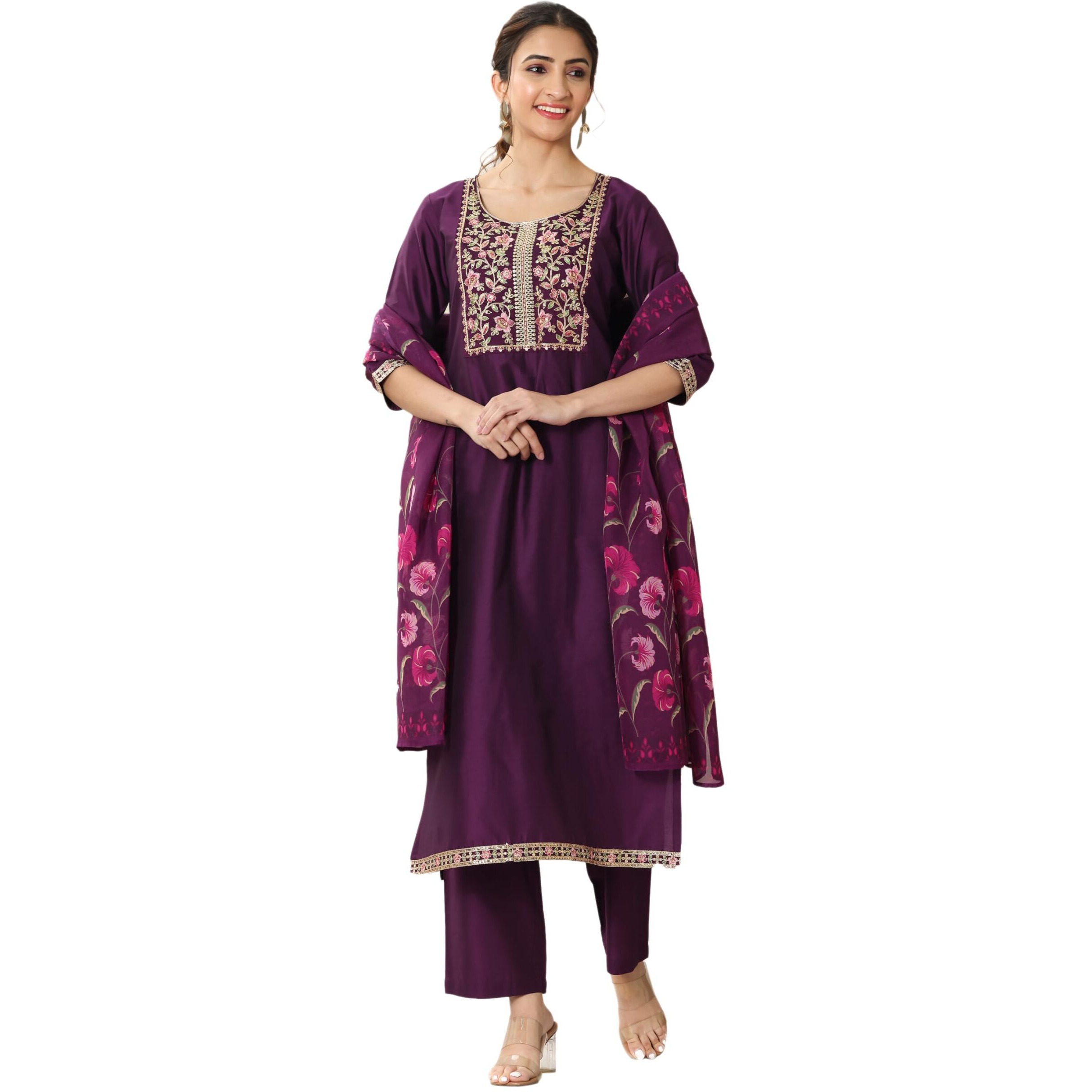 Libas Women's Silk Blend Kurta Sets (99191_Burgundy_S)