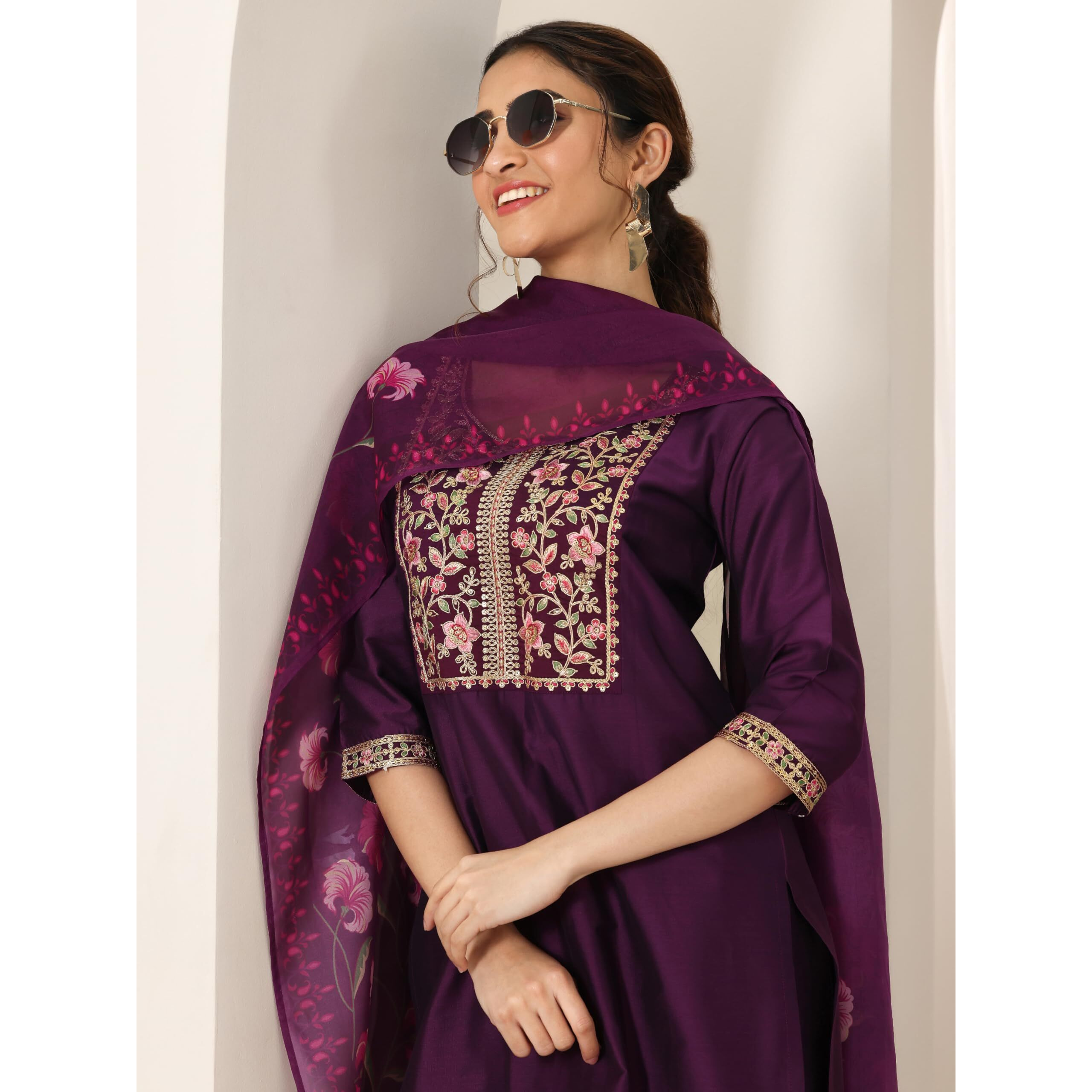 Libas Women's Silk Blend Kurta Sets (99191_Burgundy_Xxl)