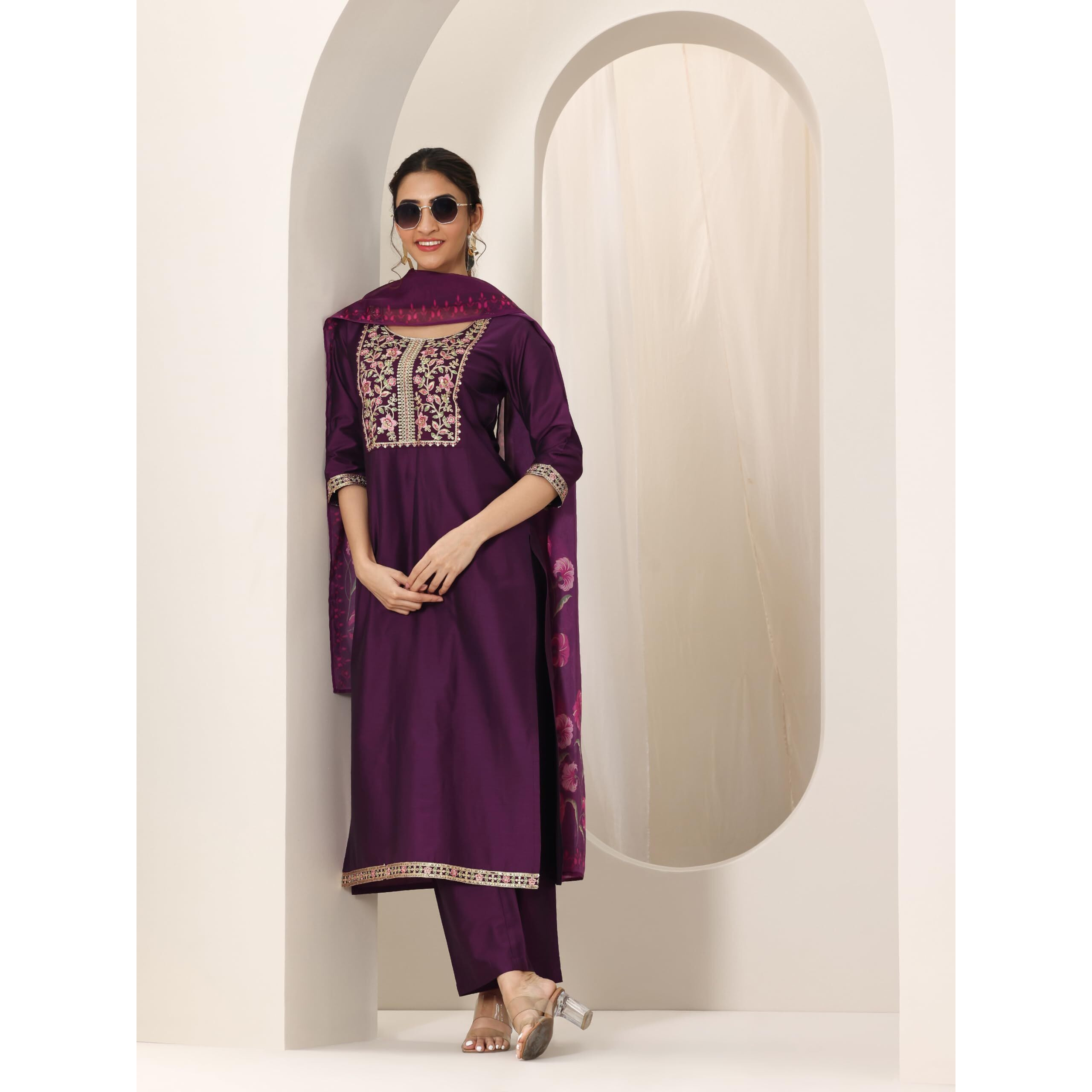 Libas Women's Silk Blend Kurta Sets (99191_Burgundy_Xxl)