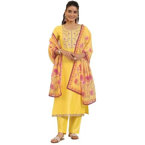 Libas Women's Silk Blend Kurta Sets (99192_Yellow_M)