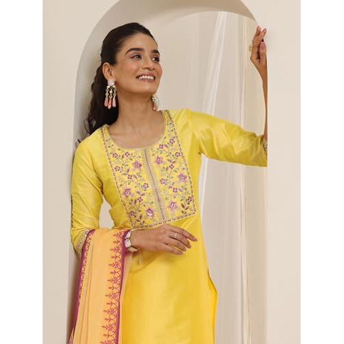 Libas Women's Silk Blend Kurta Sets (99192_Yellow_M)