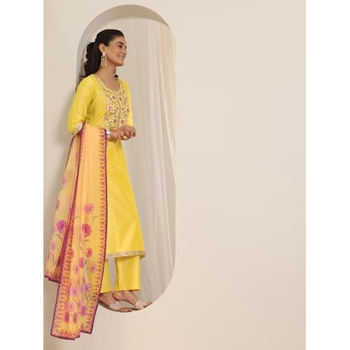 Libas Women's Silk Blend Kurta Sets (99192_Yellow_M)