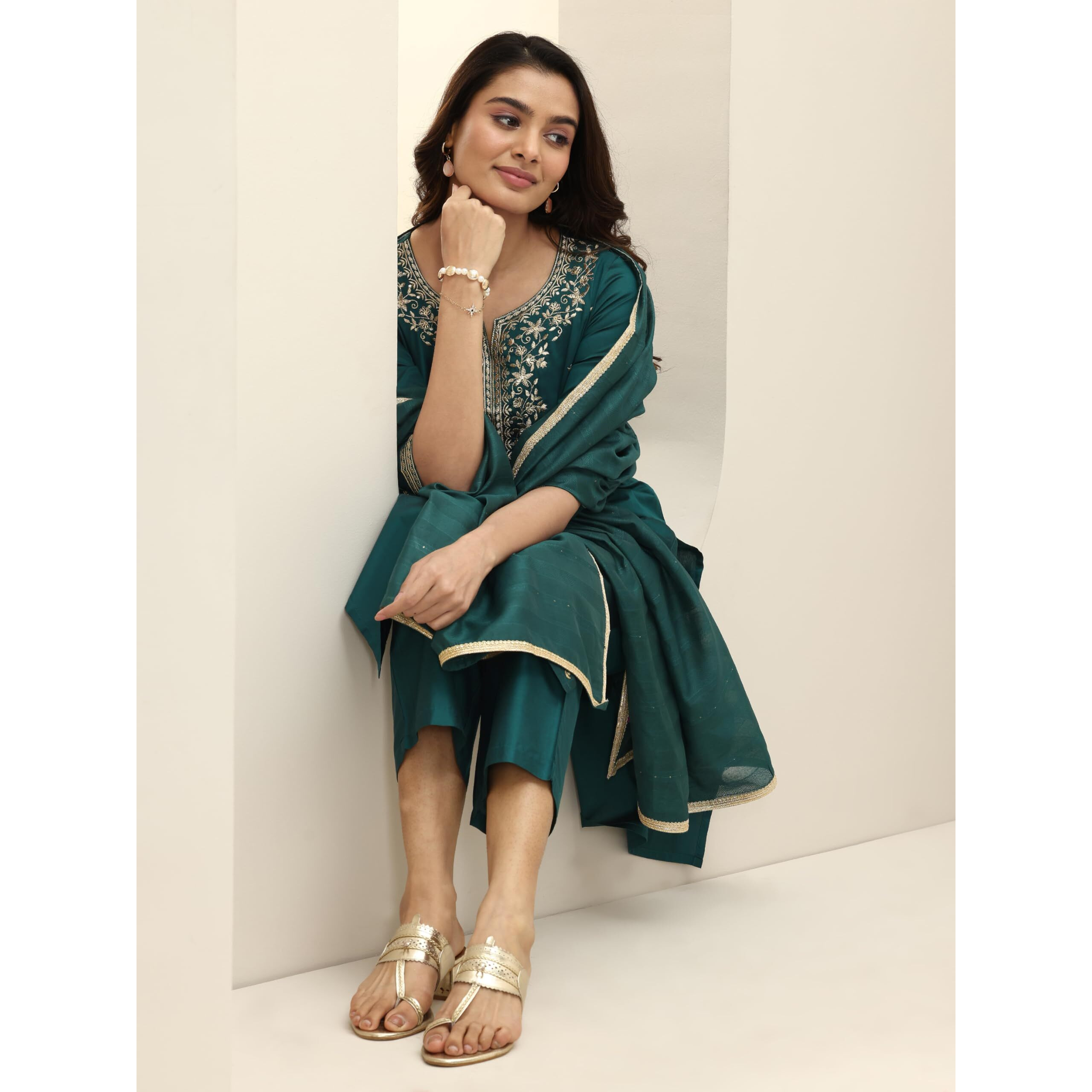 Libas Women's Silk Blend Kurta Sets (99195_Teal_S)