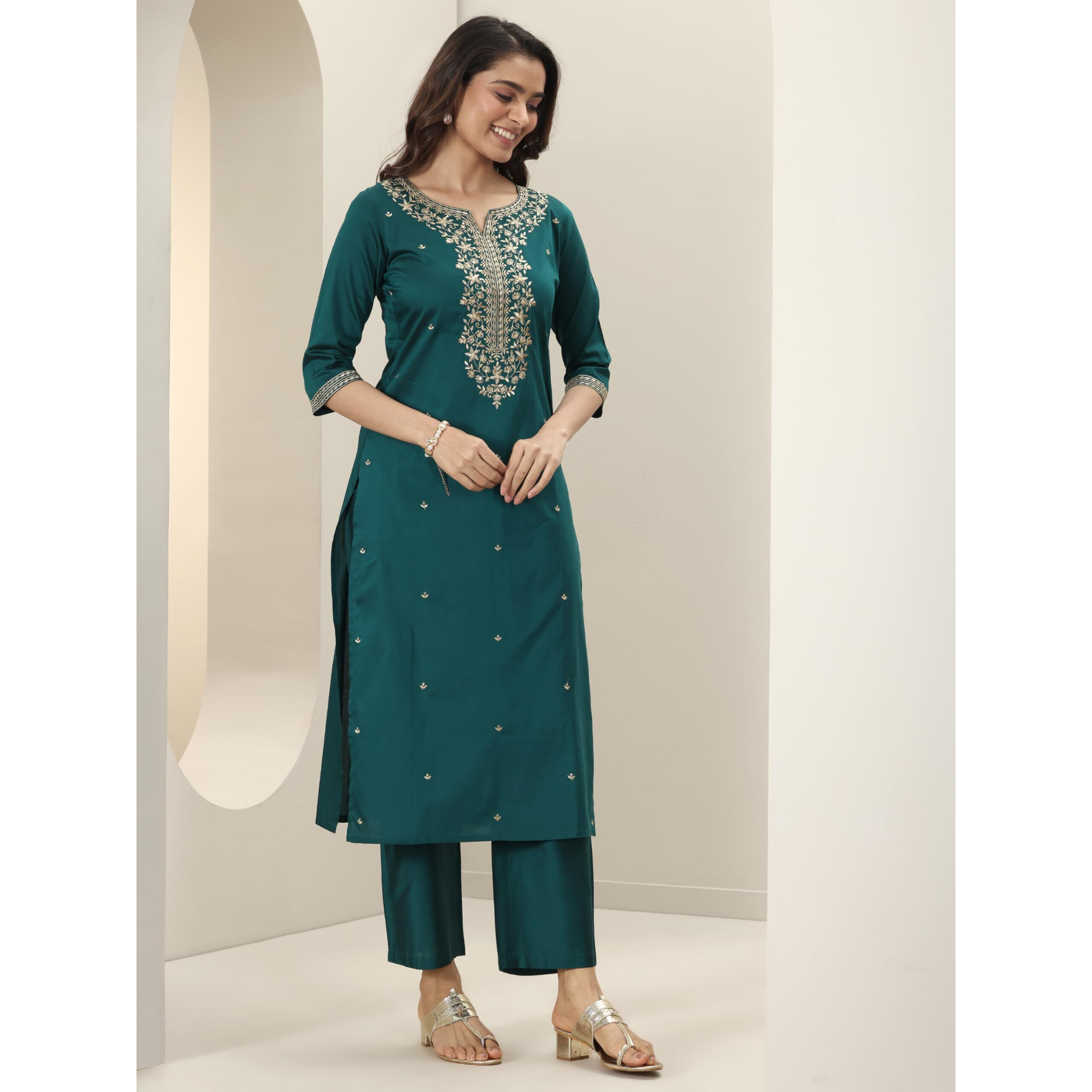 Libas Women's Silk Blend Kurta Sets (99195_Teal_Xl)