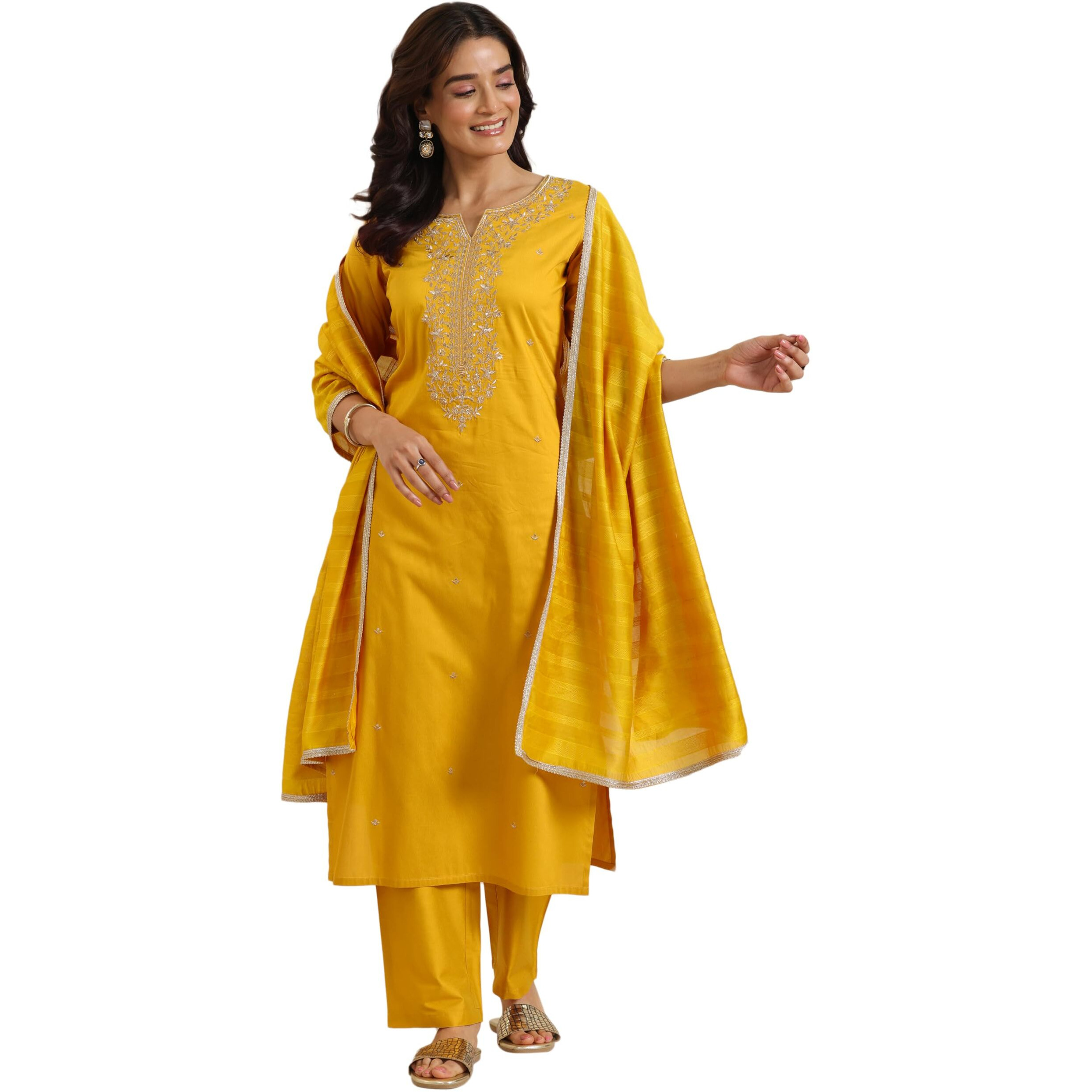 Libas Women's Silk Blend Kurta Sets (99196_Mustard_S)