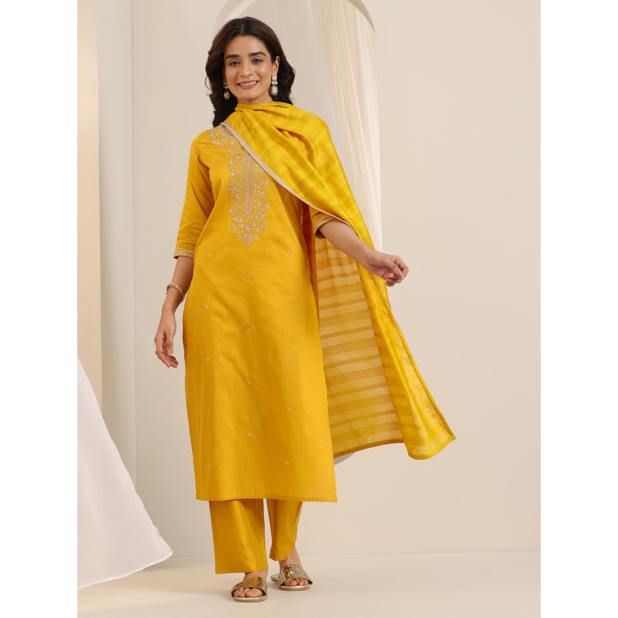Libas Women's Silk Blend Kurta Sets (99196_Mustard_S)
