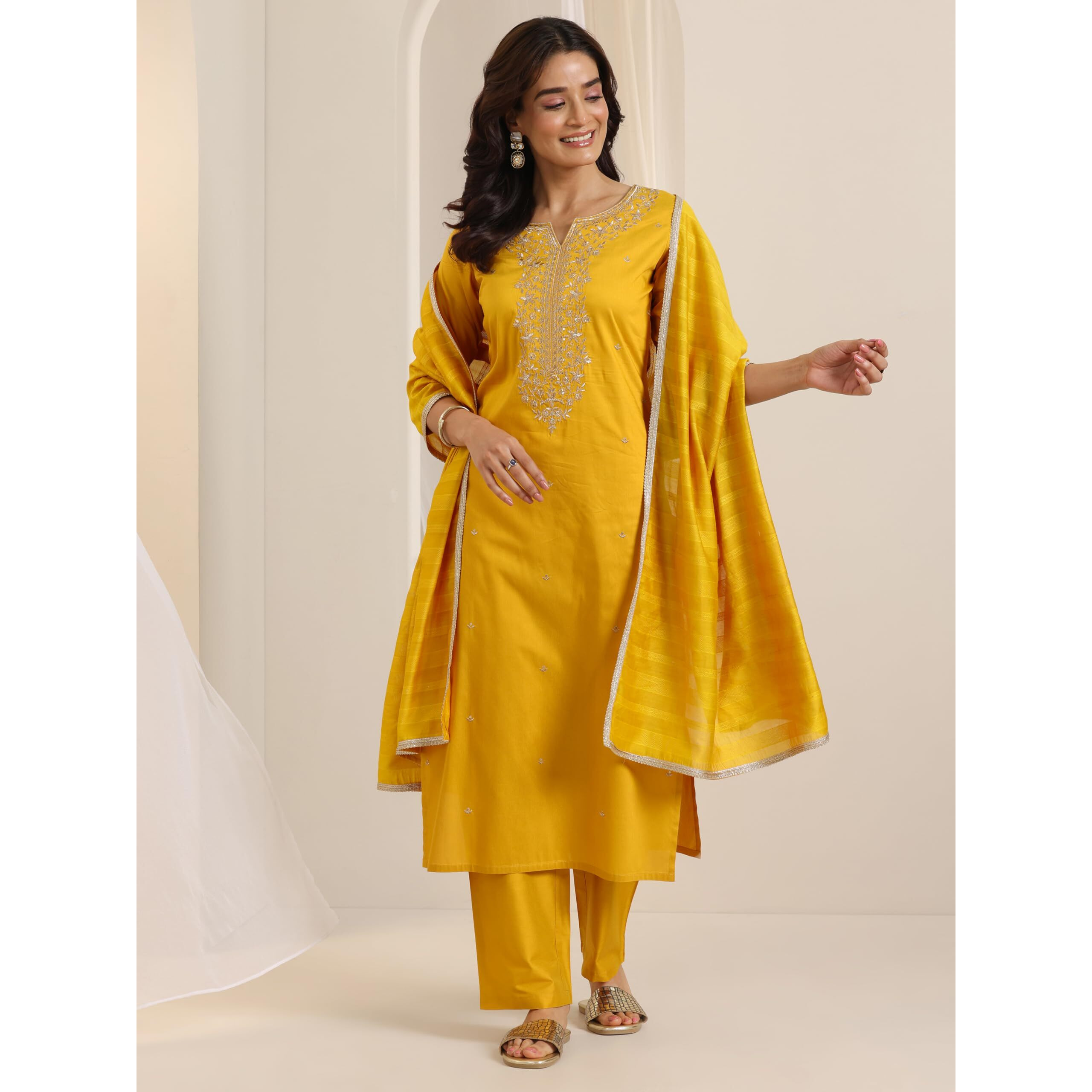 Libas Women's Silk Blend Kurta Sets (99196_Mustard_S)
