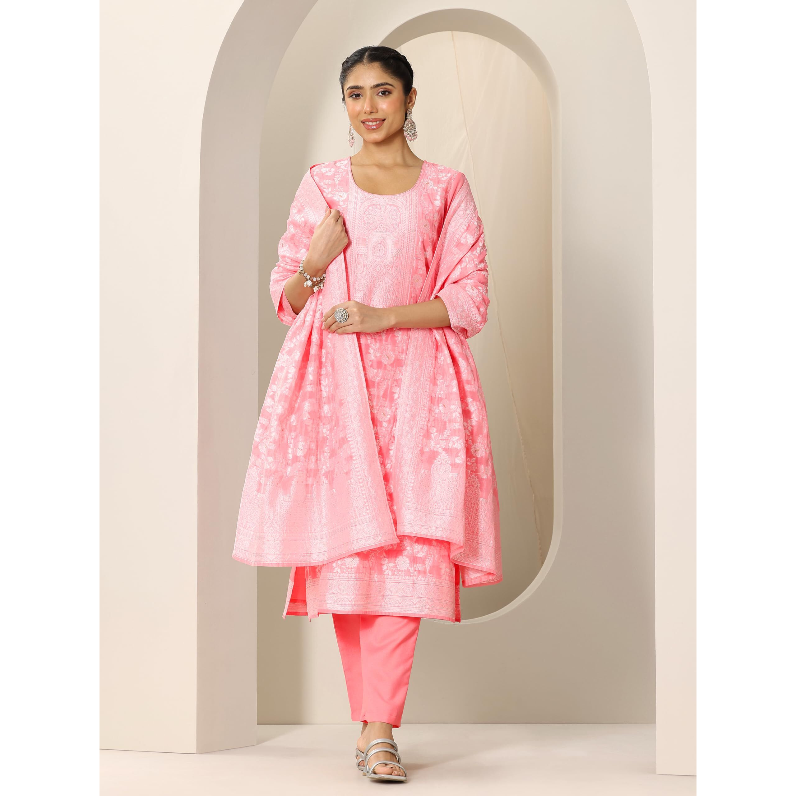 Libas Women's Chanderi Silk Woven Design Straight Kurta Sets (99205_Pink_Xl)