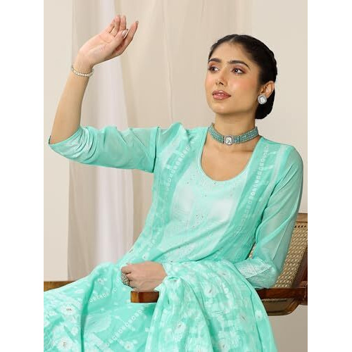 Libas Women's Chanderi Silk Kurta Sets (99213_Turquoise Blue_Xl)