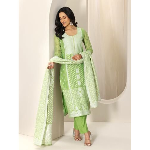 Libas Womens Woven Design Silk Blend Straight Kurta With Palazzos And Dupatta