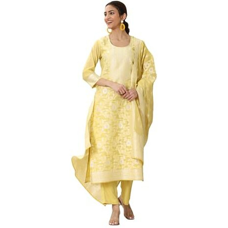 Libas Women's Chanderi Silk Kurta Sets (99217_Yellow_L)