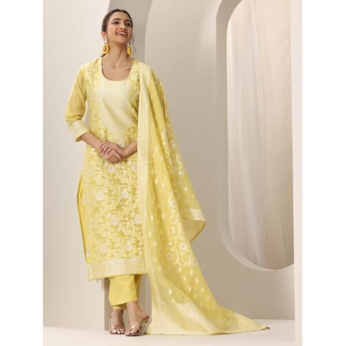 Libas Women's Chanderi Silk Kurta Sets (99217_Yellow_L)