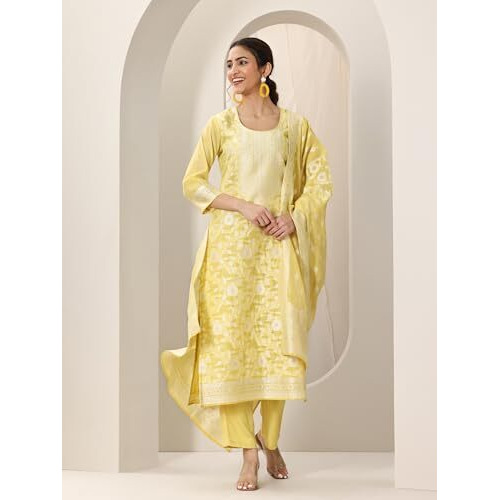 Libas Women's Chanderi Silk Kurta Sets (99217_Yellow_L)