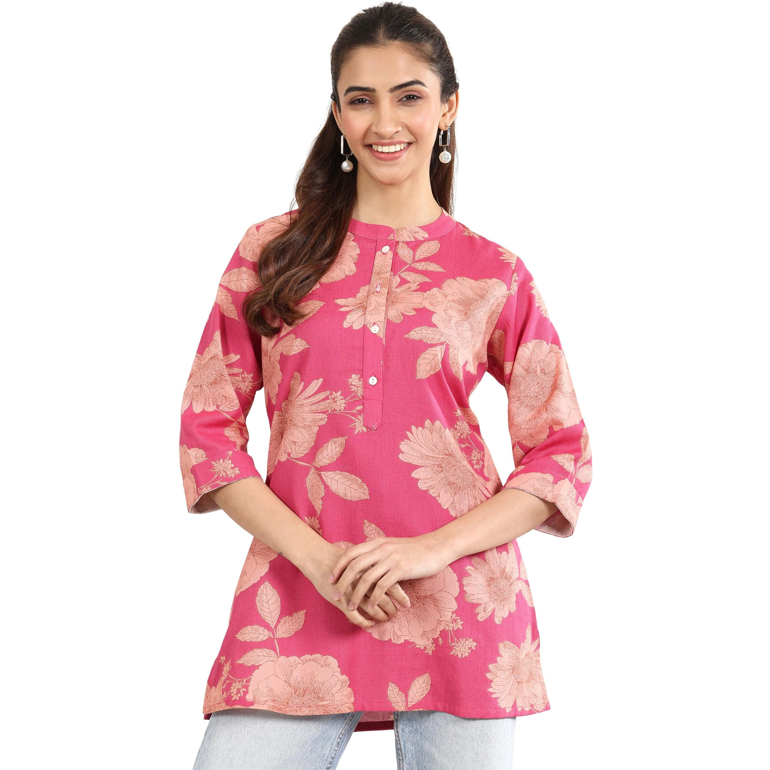 Libas Women's Cotton Floral Regular Kurti (29535 Pink