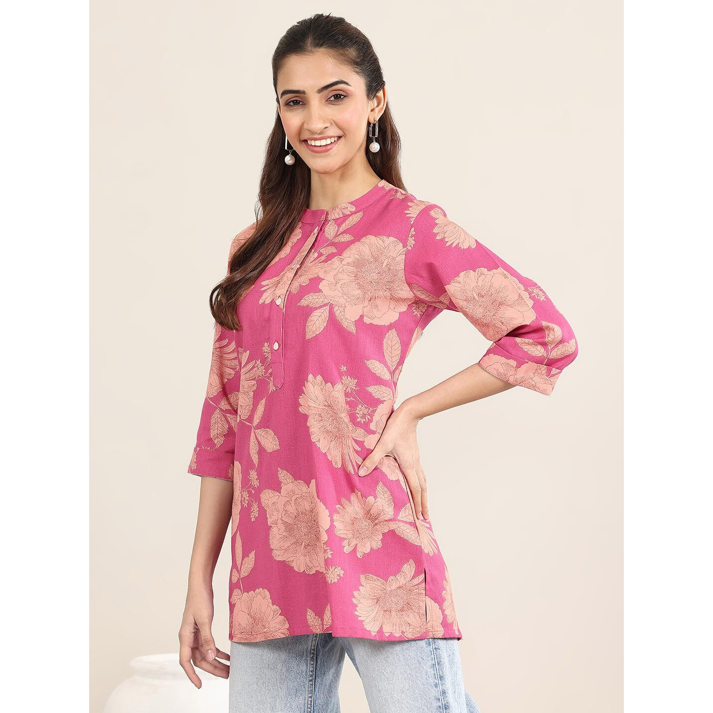 Libas Women's Cotton Floral Regular Kurti (29535 Pink