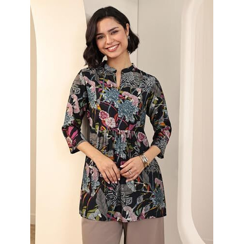 Libas Women's Silk Blend Floral A-Line Kurtis (98162_Black_S)