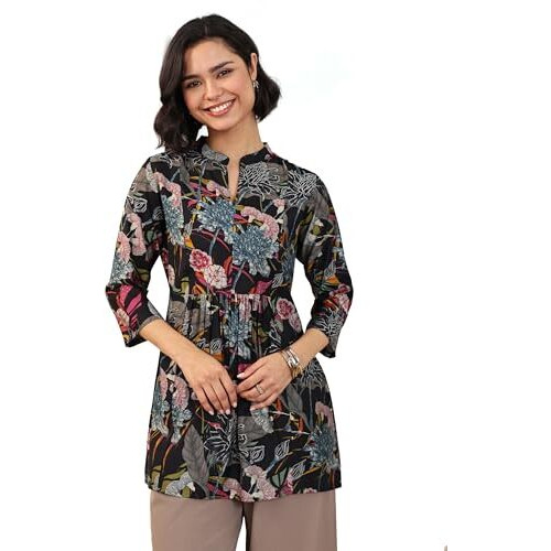 Libas Women's Silk Blend Floral A-Line Kurtis (98162_Black_M)