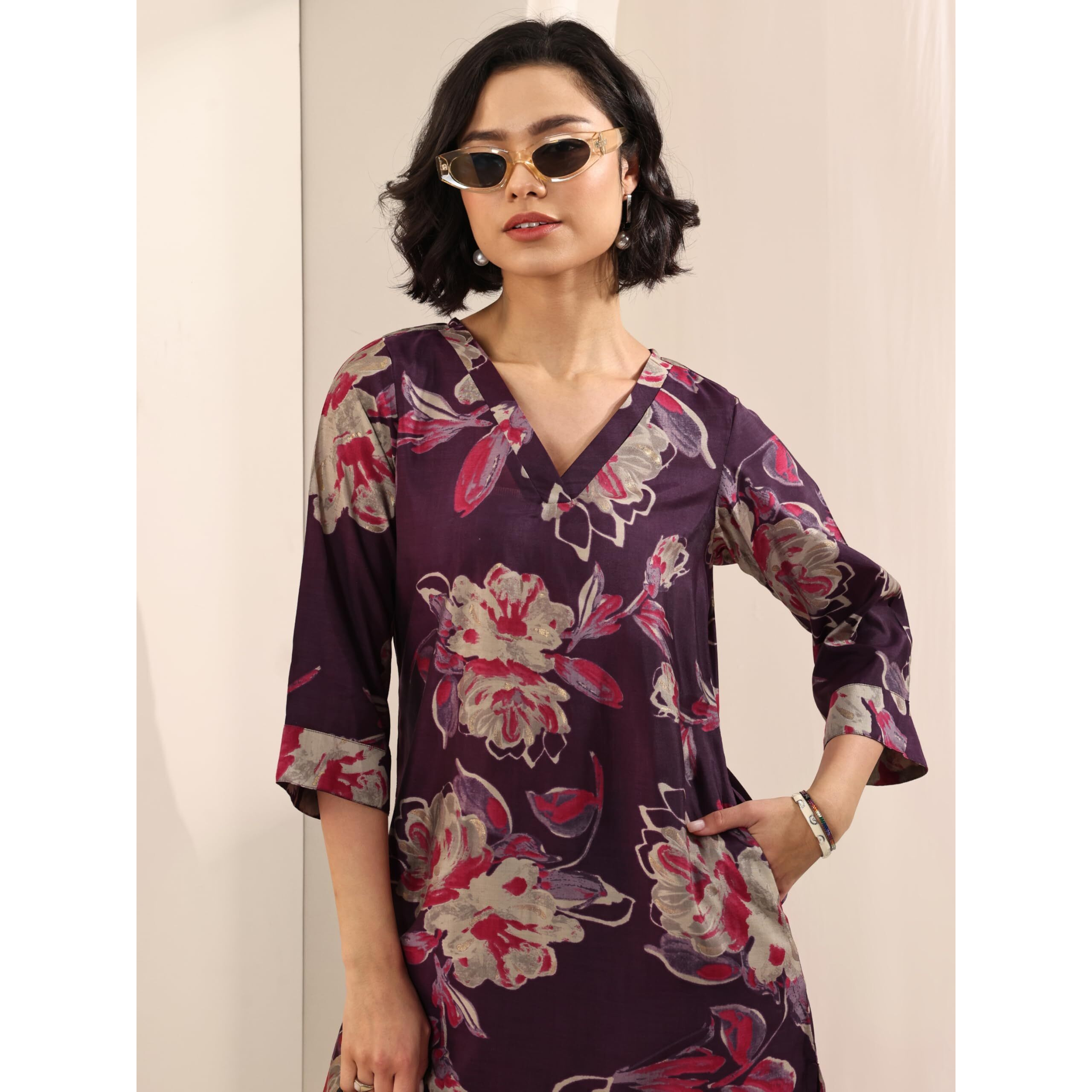 Libas Womens Printed Silk Blend Straight Kurta With Palazzos