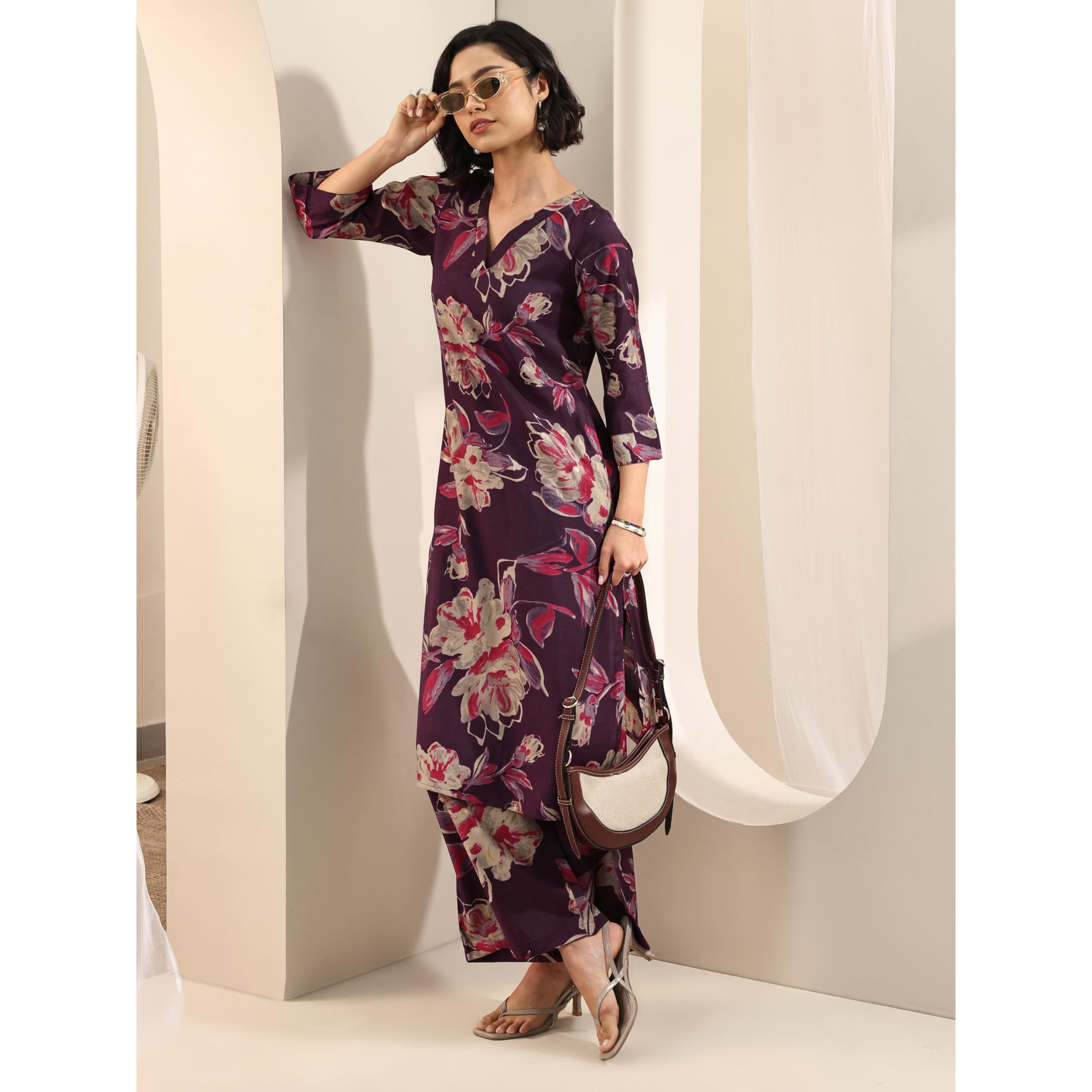 Libas Womens Printed Silk Blend Straight Kurta With Palazzos