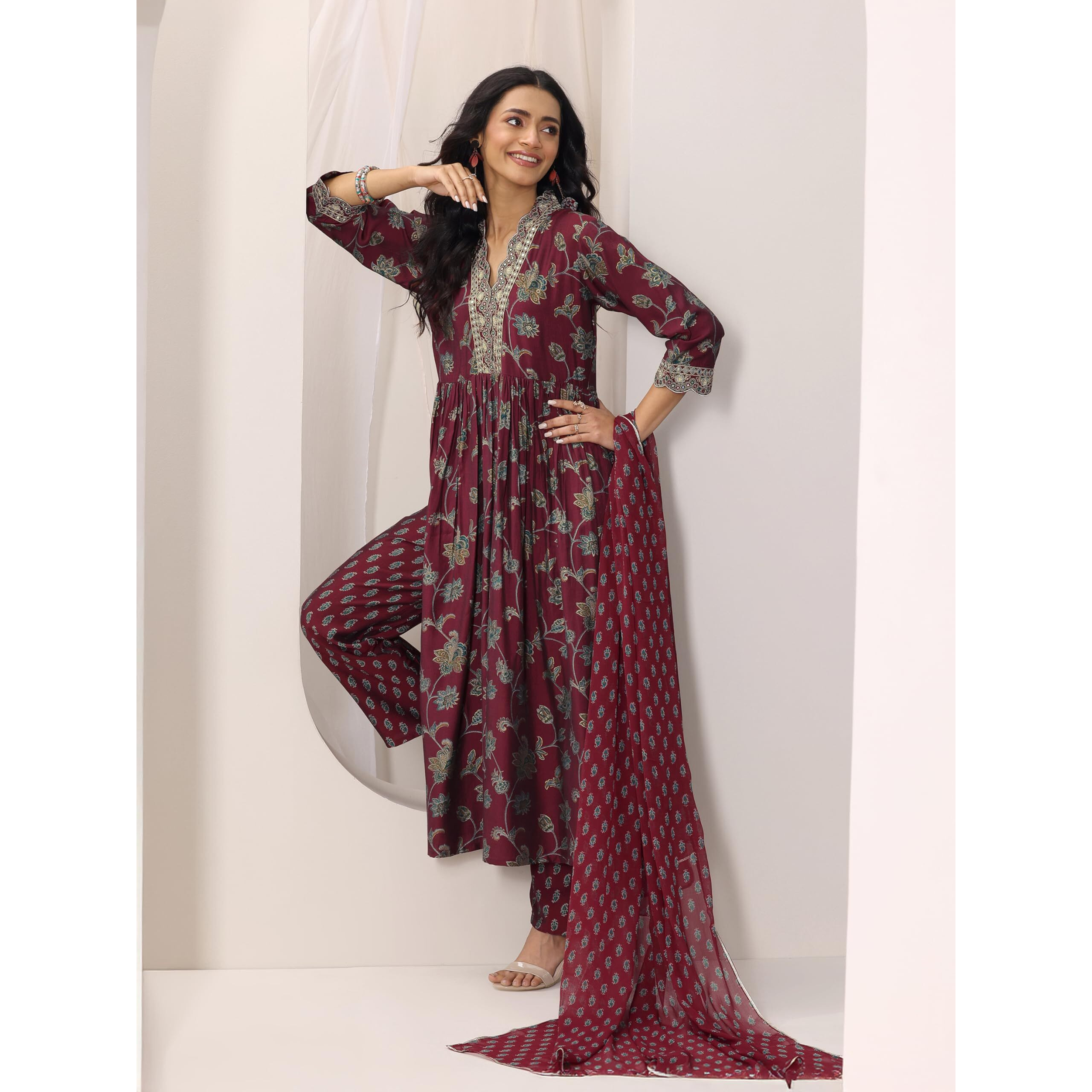 Libas Women's Silk Blend Kurta Set (400257_Maroon_Xl)