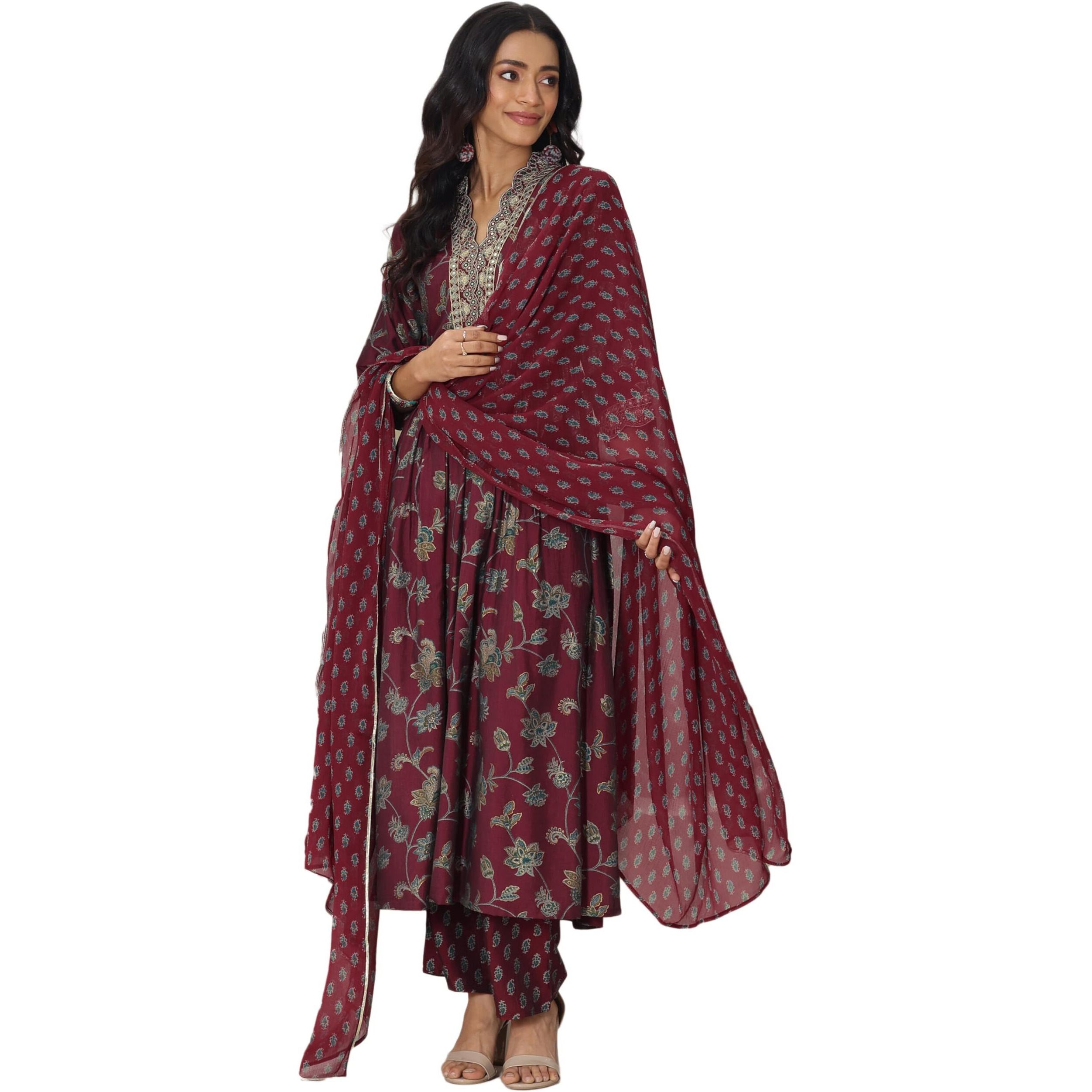 Libas Women's Silk Blend Kurta Set (400257_Maroon_Xxl)