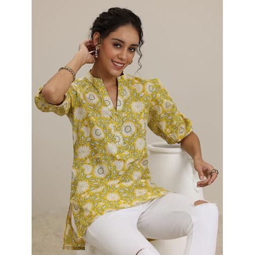 Libas Women's Cotton Floral Regular Kurti (29614 Yellow