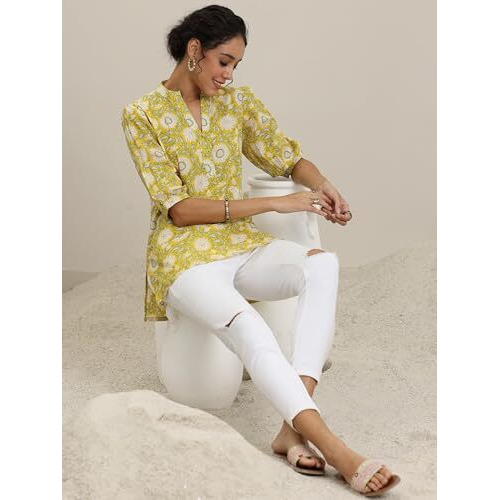Libas Women's Cotton Floral Regular Kurti (29614 Yellow