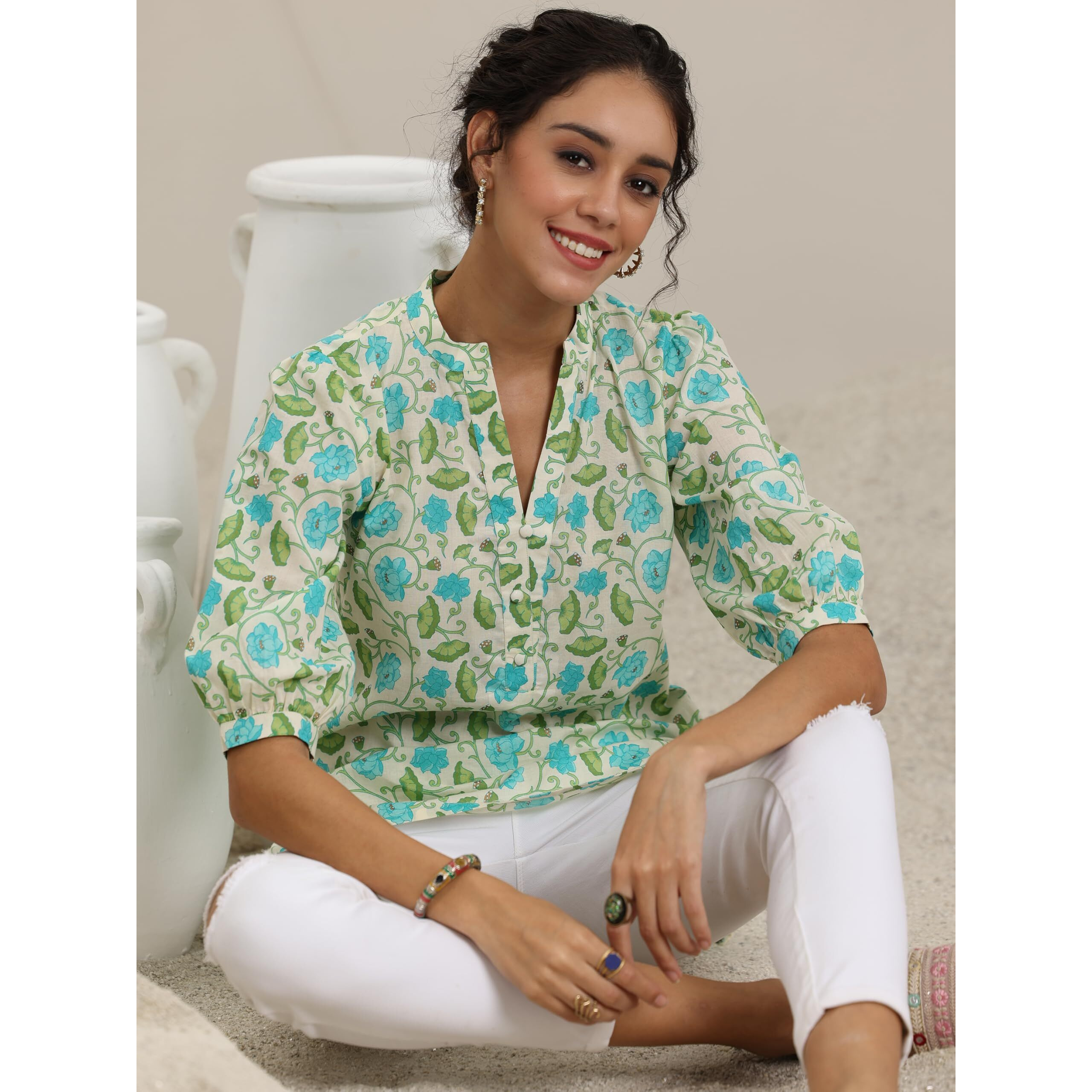 Libas Women's Cotton Floral Regular Kurti (29615 Off White