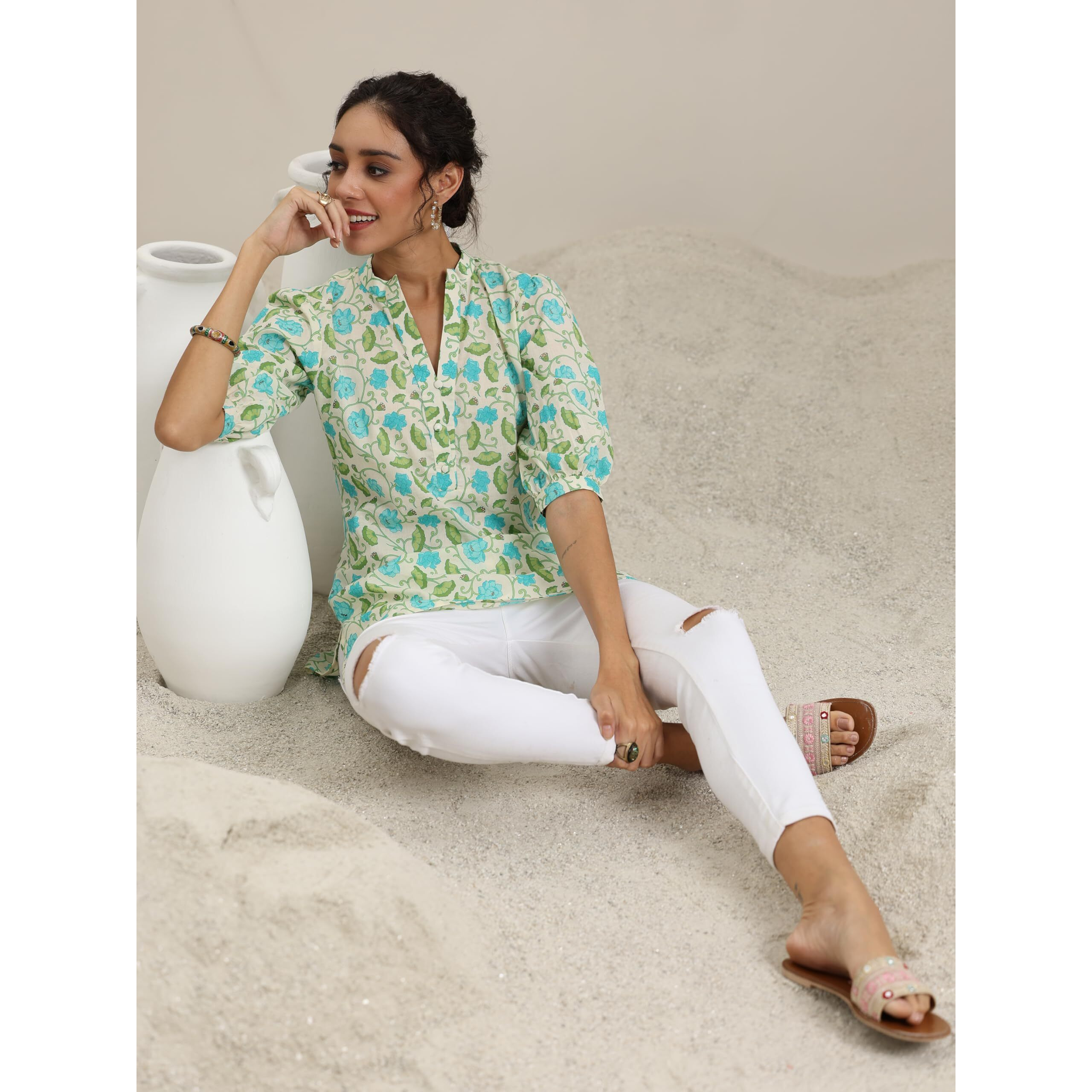 Libas Women's Cotton Floral Regular Kurti (29615 Off White