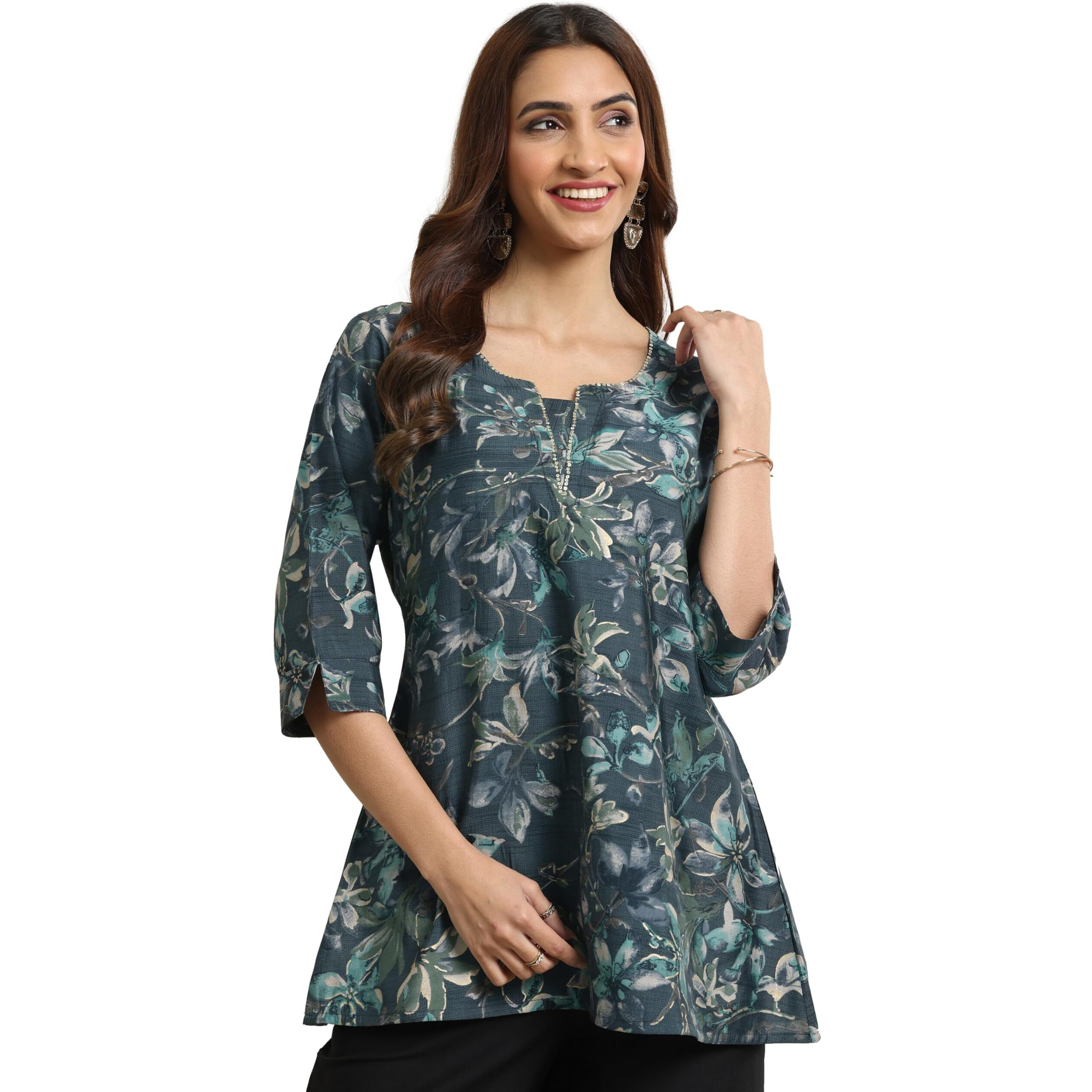 Libas Women's Silk Blend Yoke Design A-Line Kurti (26738R_Grey