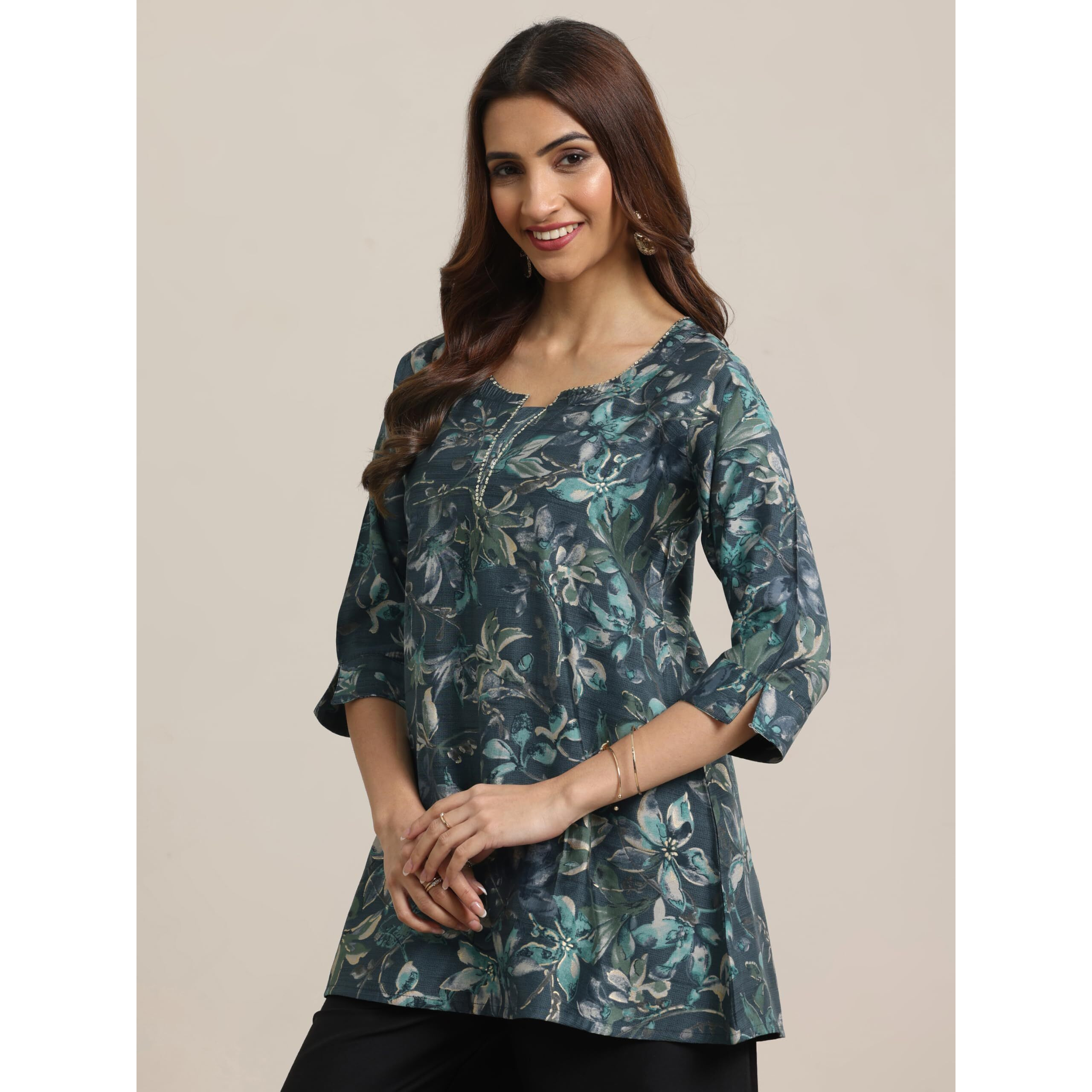 Libas Women's Silk Blend Yoke Design A-Line Kurti (26738R_Grey