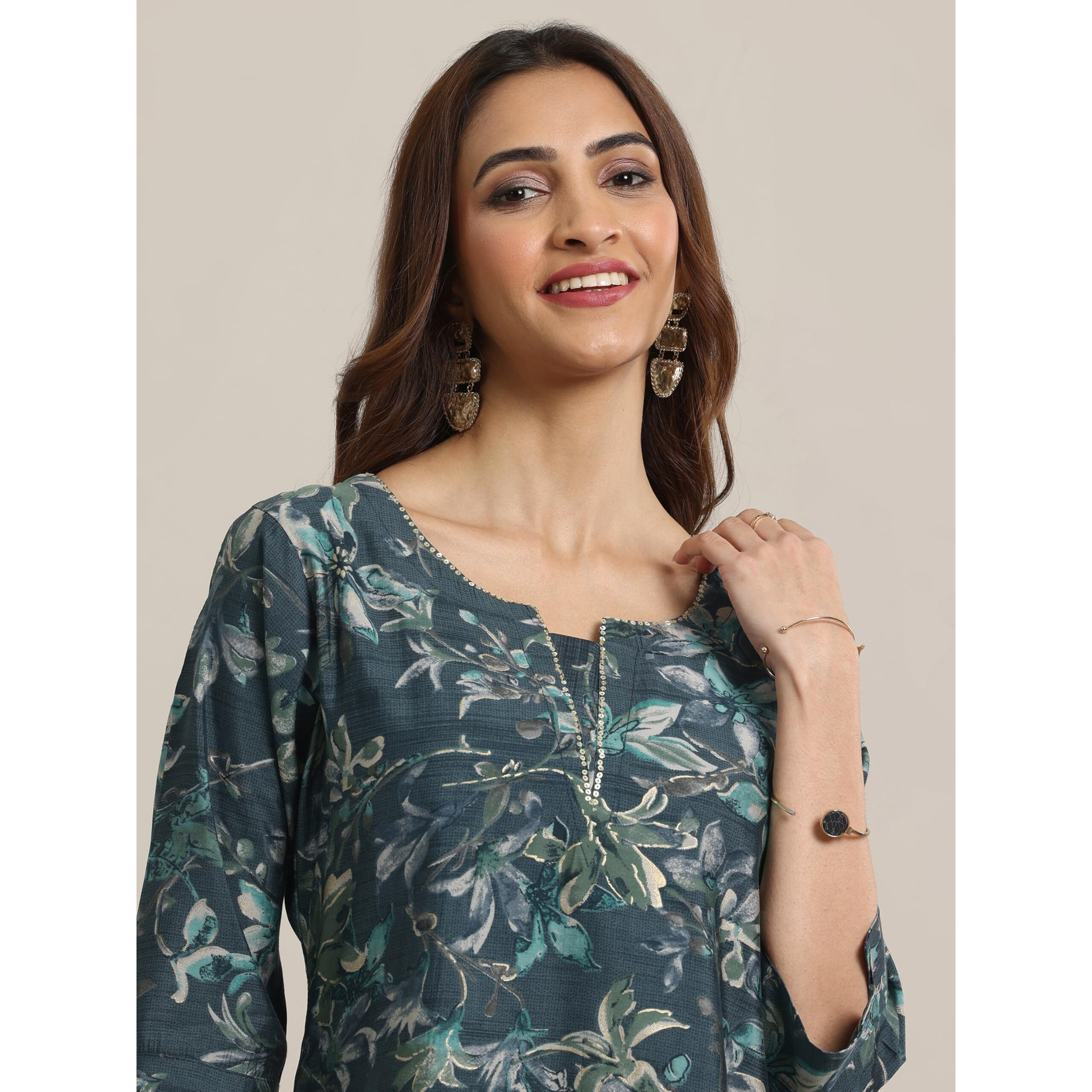 Libas Women's Silk Blend Yoke Design A-Line Kurti (26738R_Grey
