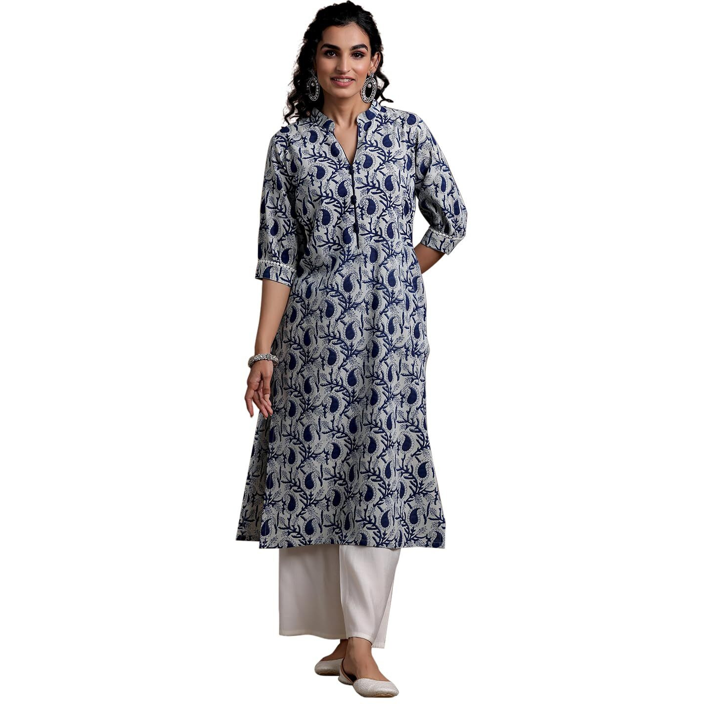 Libas Women's Cotton Printed Straight Kurta (29051R_Blue