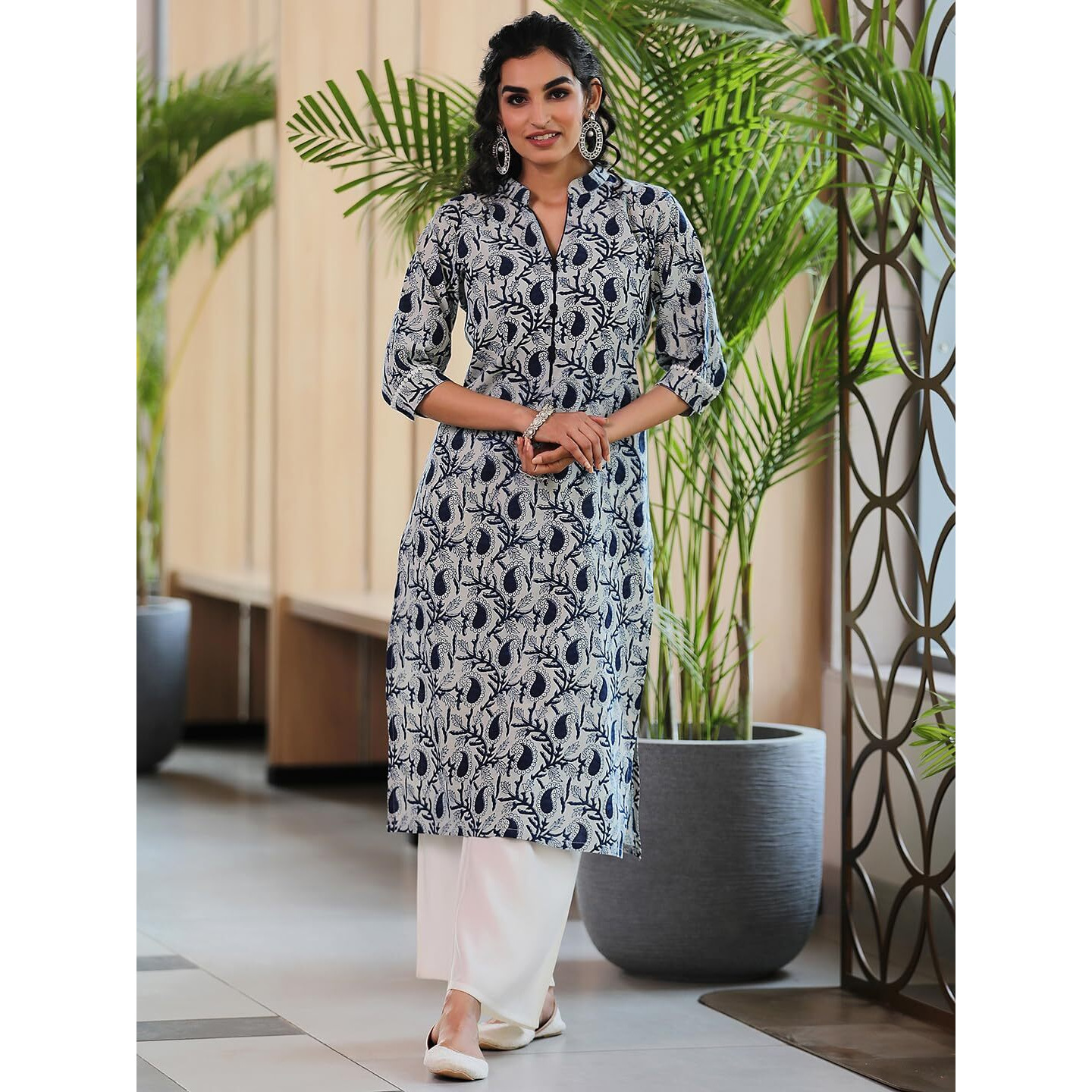 Libas Women's Cotton Printed Straight Kurta (29051R_Blue