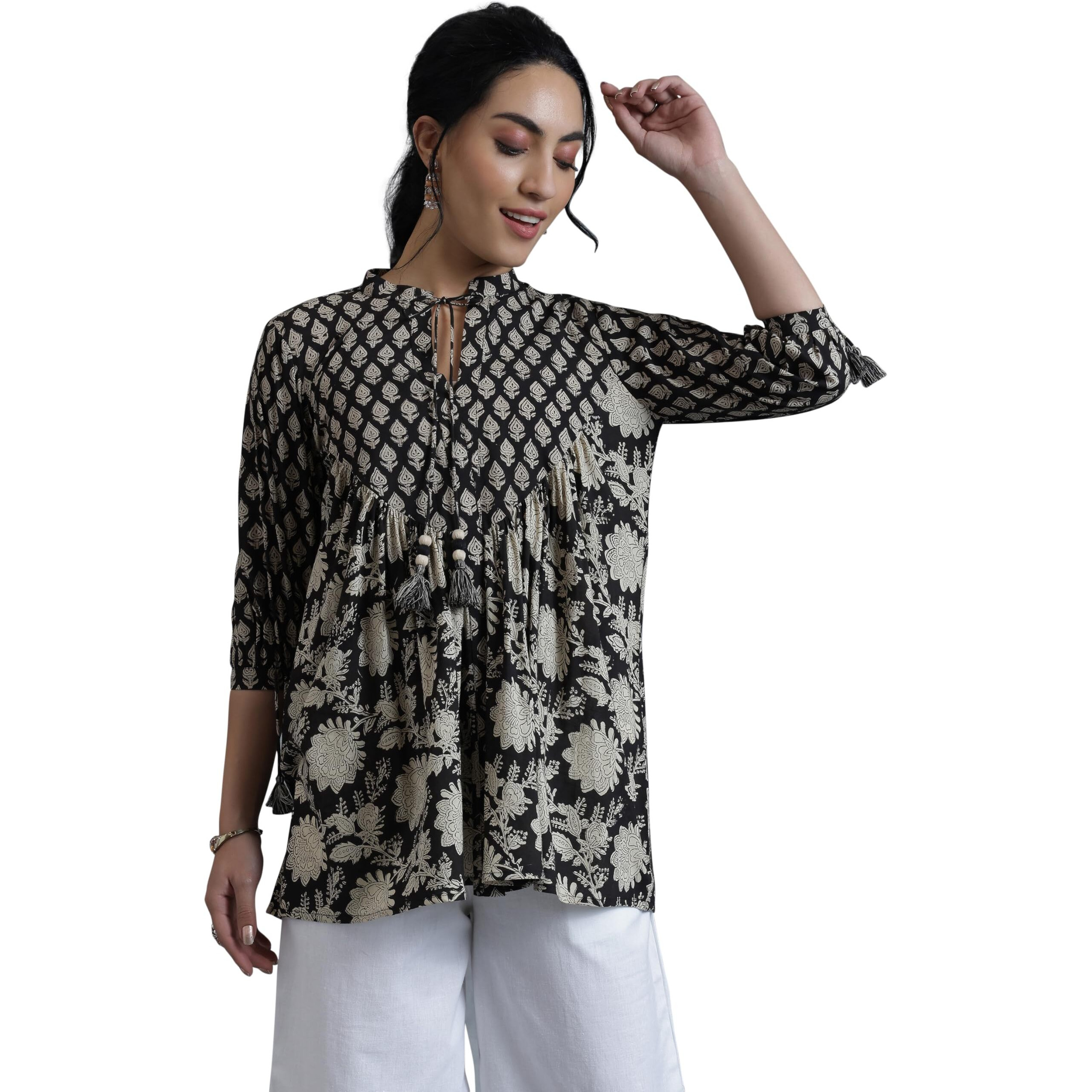 Libas Women's Cotton Printed A-Line Kurti (29067R_Black