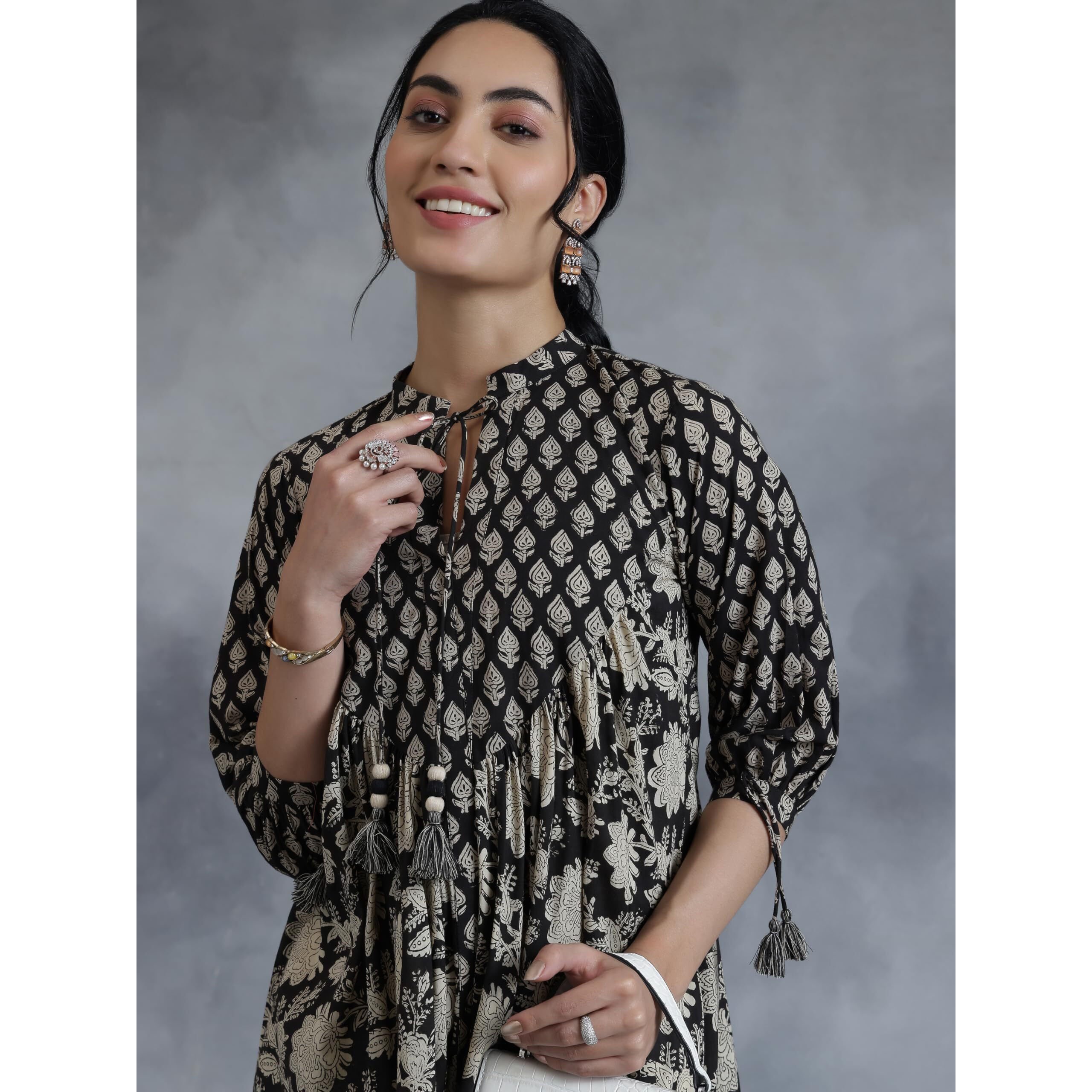 Libas Women's Cotton Printed A-Line Kurti (29067R_Black