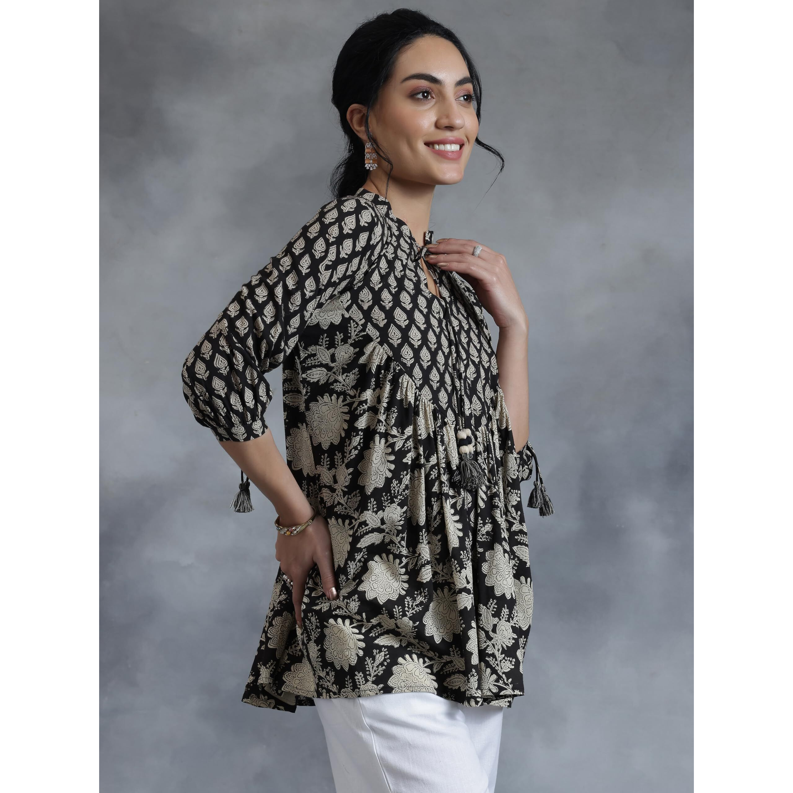 Libas Women's Cotton Printed A-Line Kurti (29067R_Black