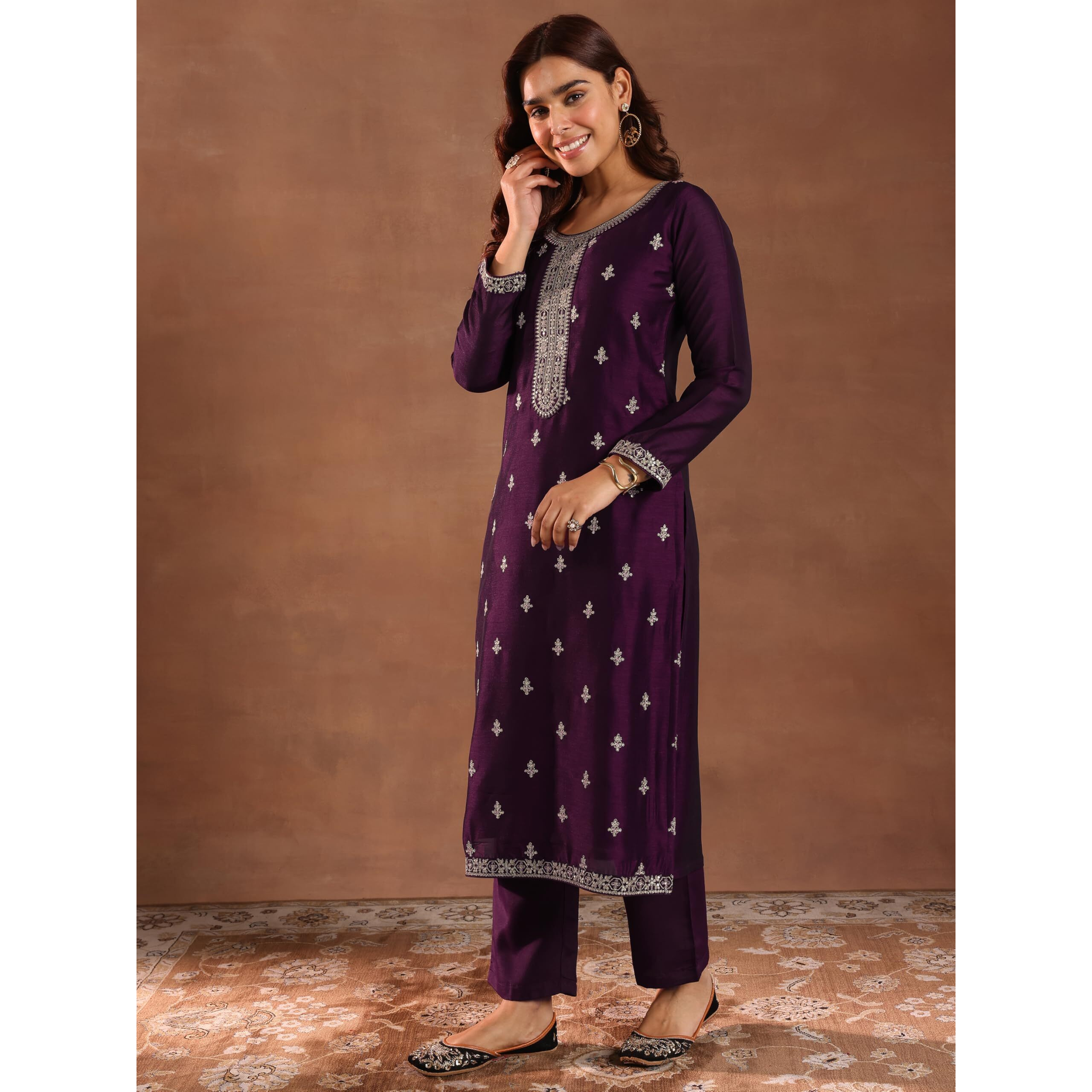Libas Women's Silk Blend Ethnic Motifs Kurta Set (49505 Burgundy