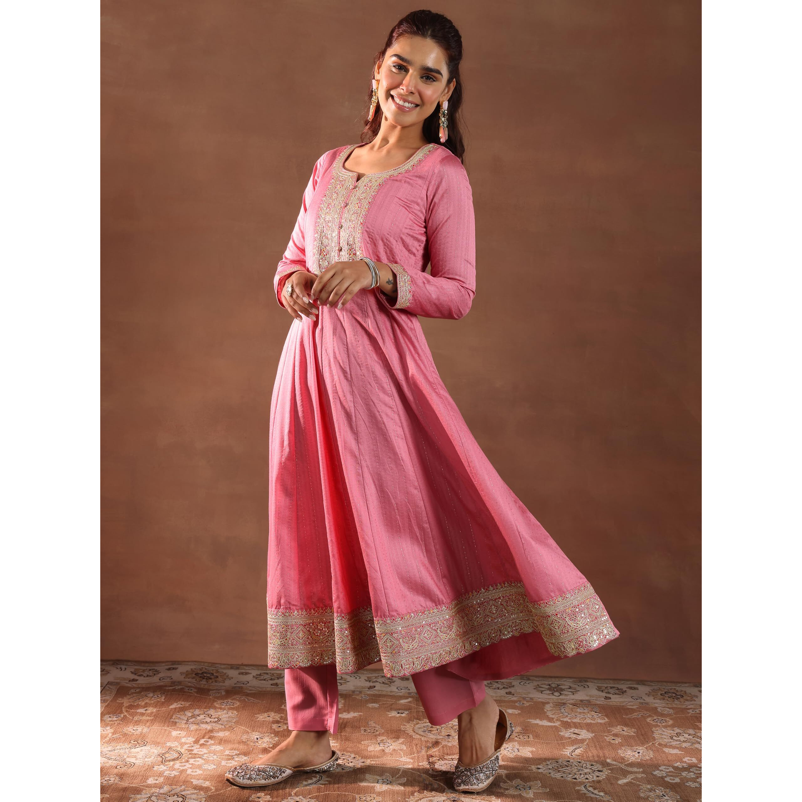 Libas Women's Silk Blend Kurta Set (49509, Pink, Xl