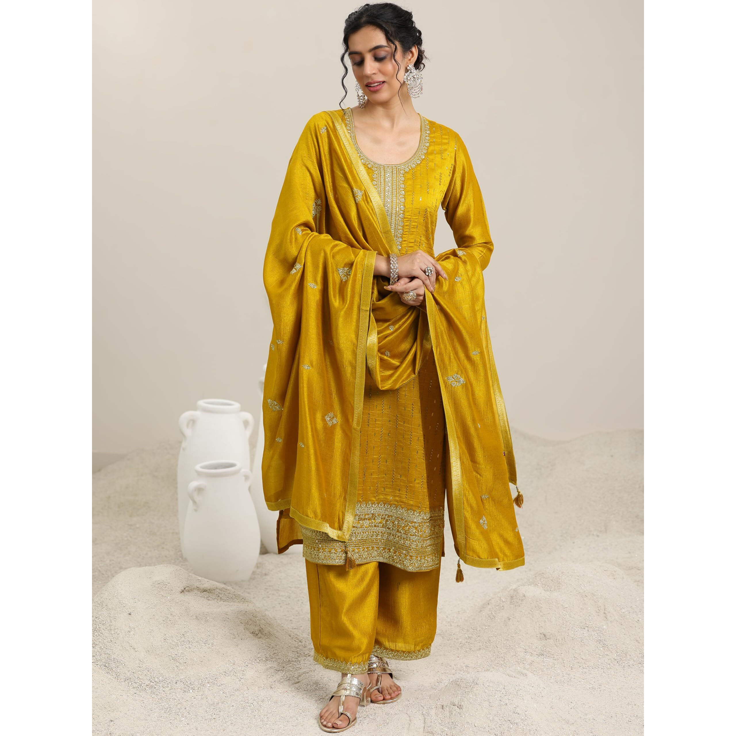 Libas Womens Embellished Silk Blend Straight Kurta With Palazzos And Dupatta