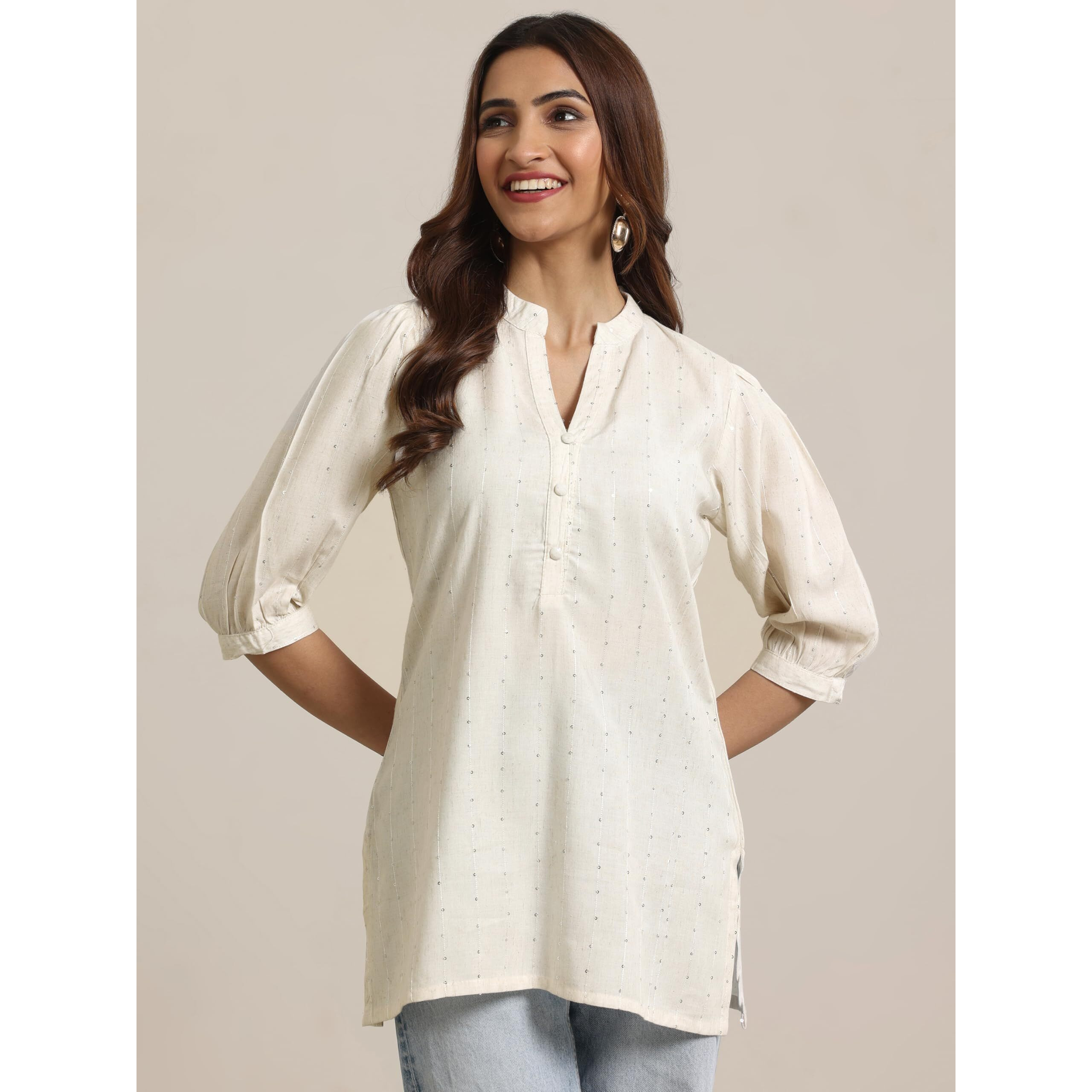 Libas Women's Cotton Blend Woven Design Straight Kurti (26910R Off White
