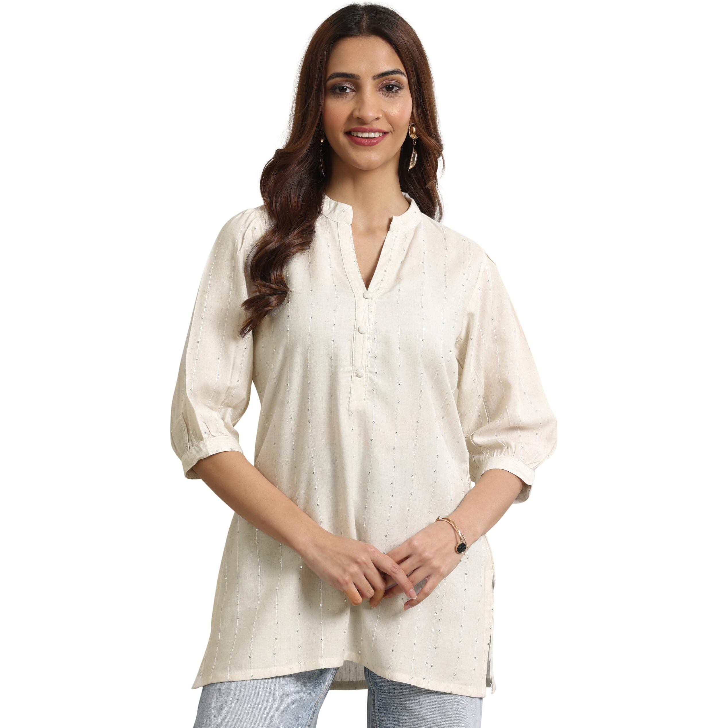 Libas Women's Cotton Blend Woven Design Straight Kurti (26910R Off White