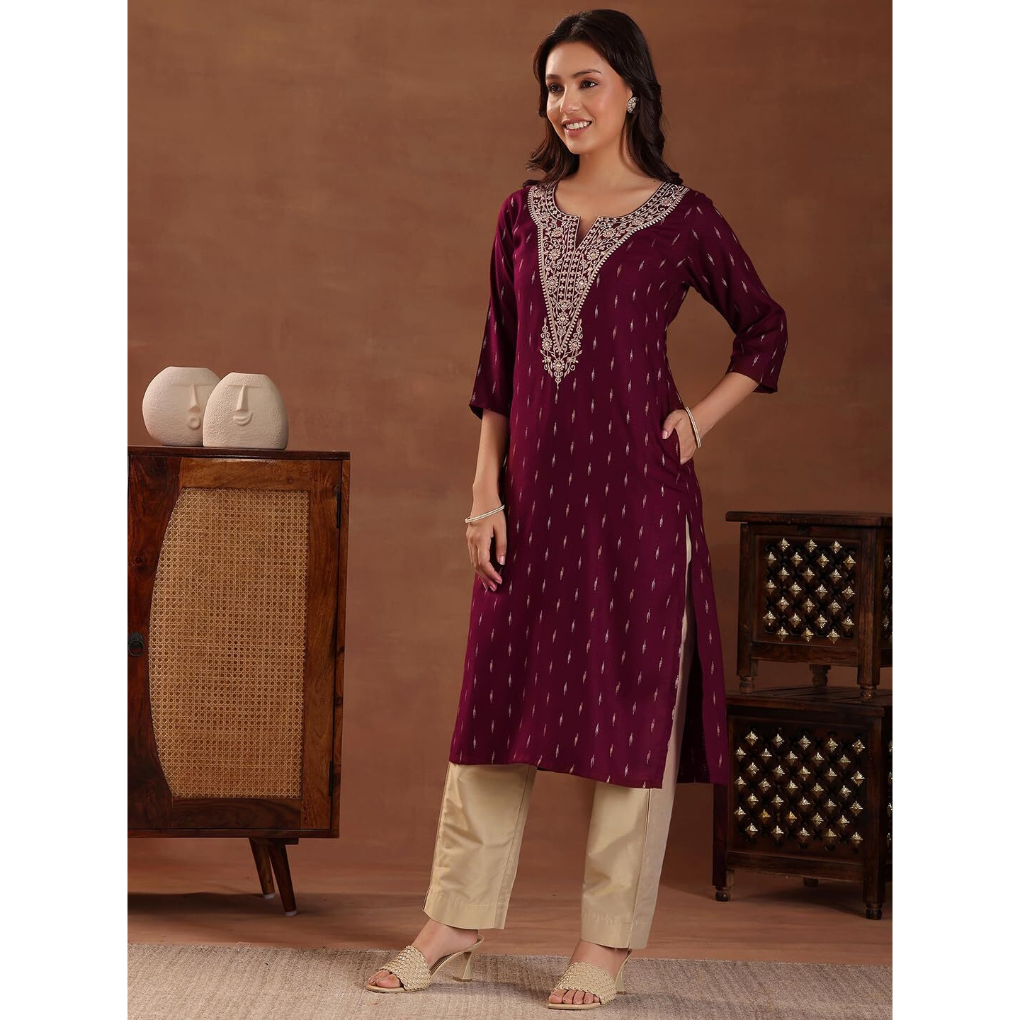 Libas Women's Cotton Woven Design Straight Kurta (26967R Maroon