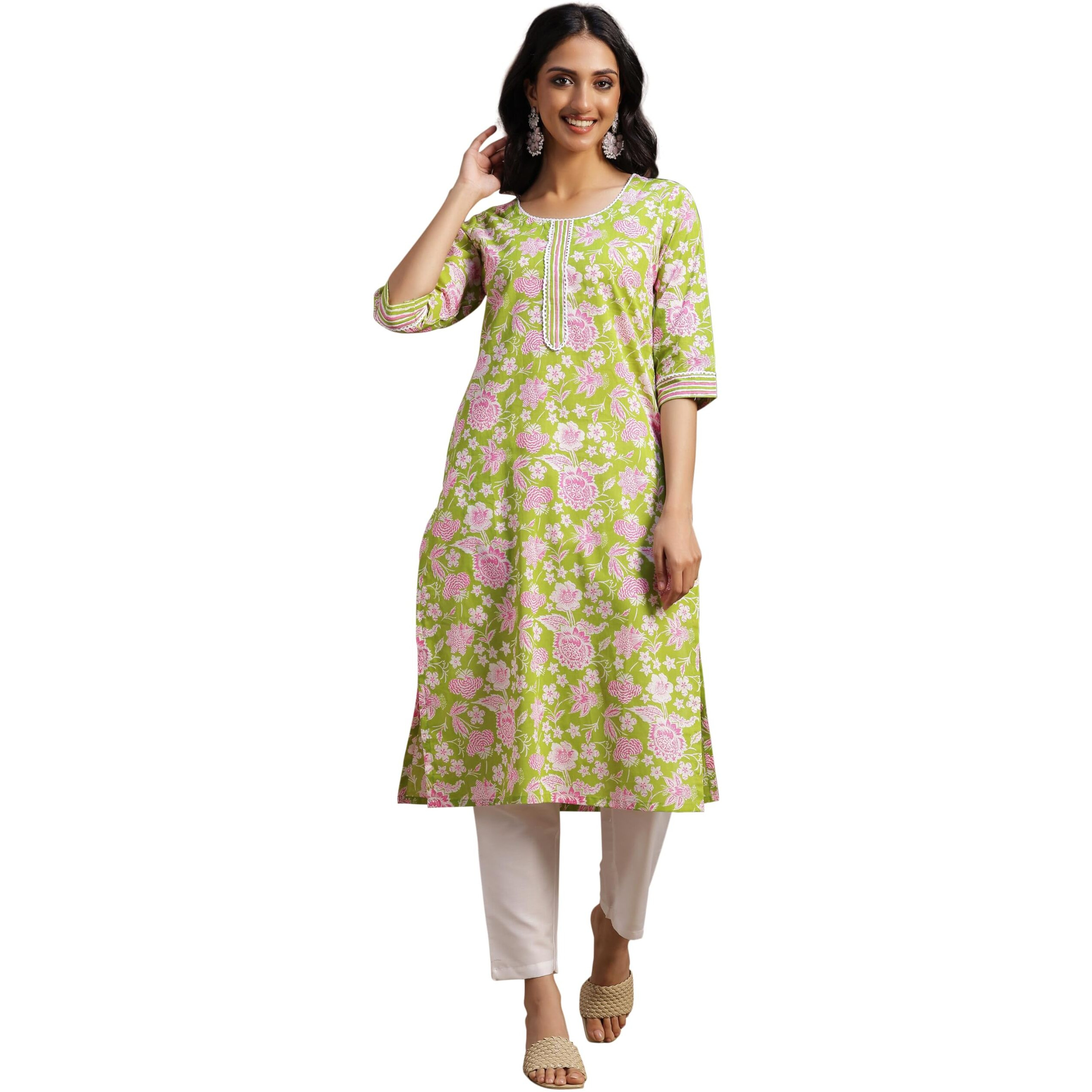 Libas Women's Cotton Printed Straight Kurta (29050R Green
